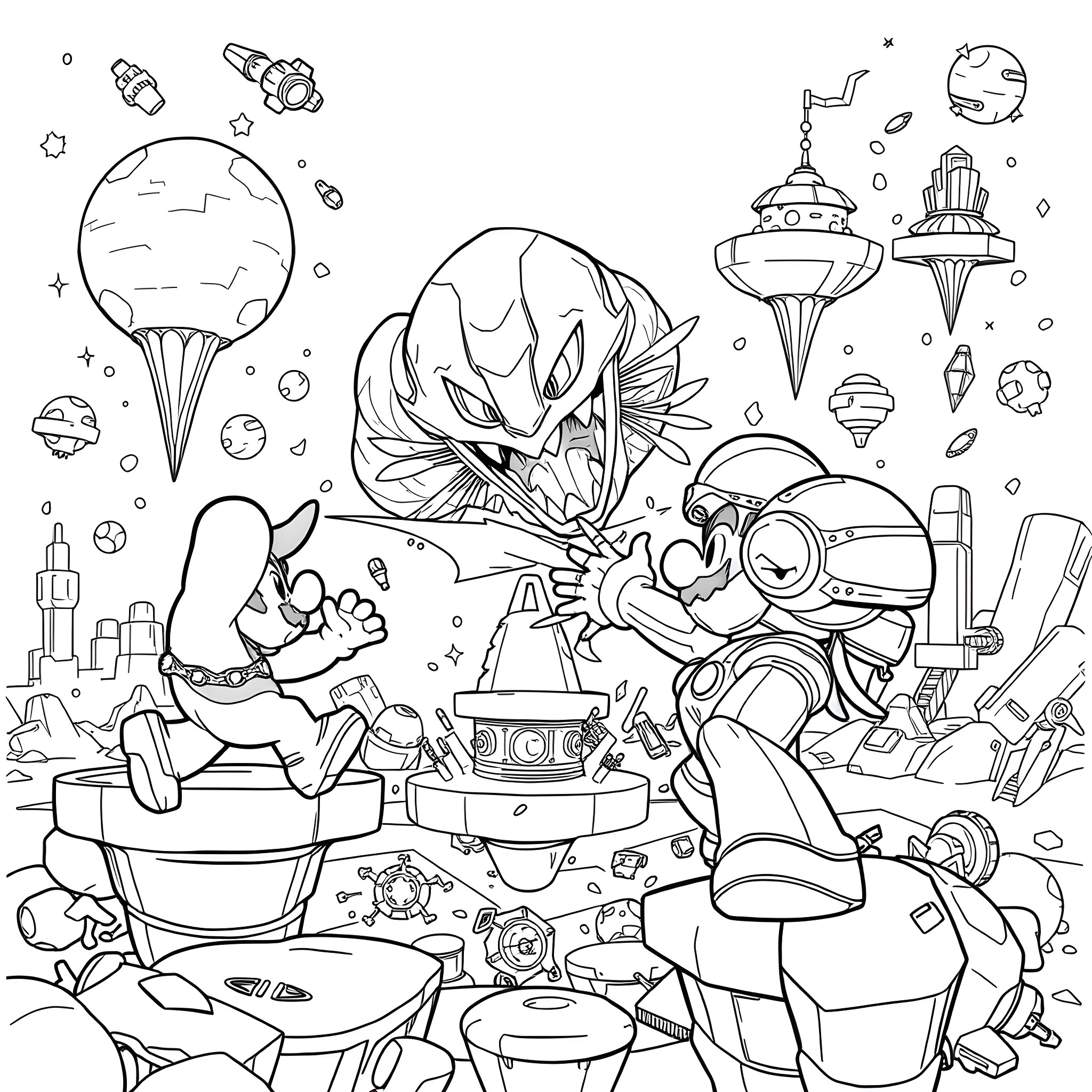 Mario's Intergalactic Adventure Coloring Page (free black-and-white line drawing printable PDF for all, from beginners to advanced learners, including children, teens, adults, and seniors)