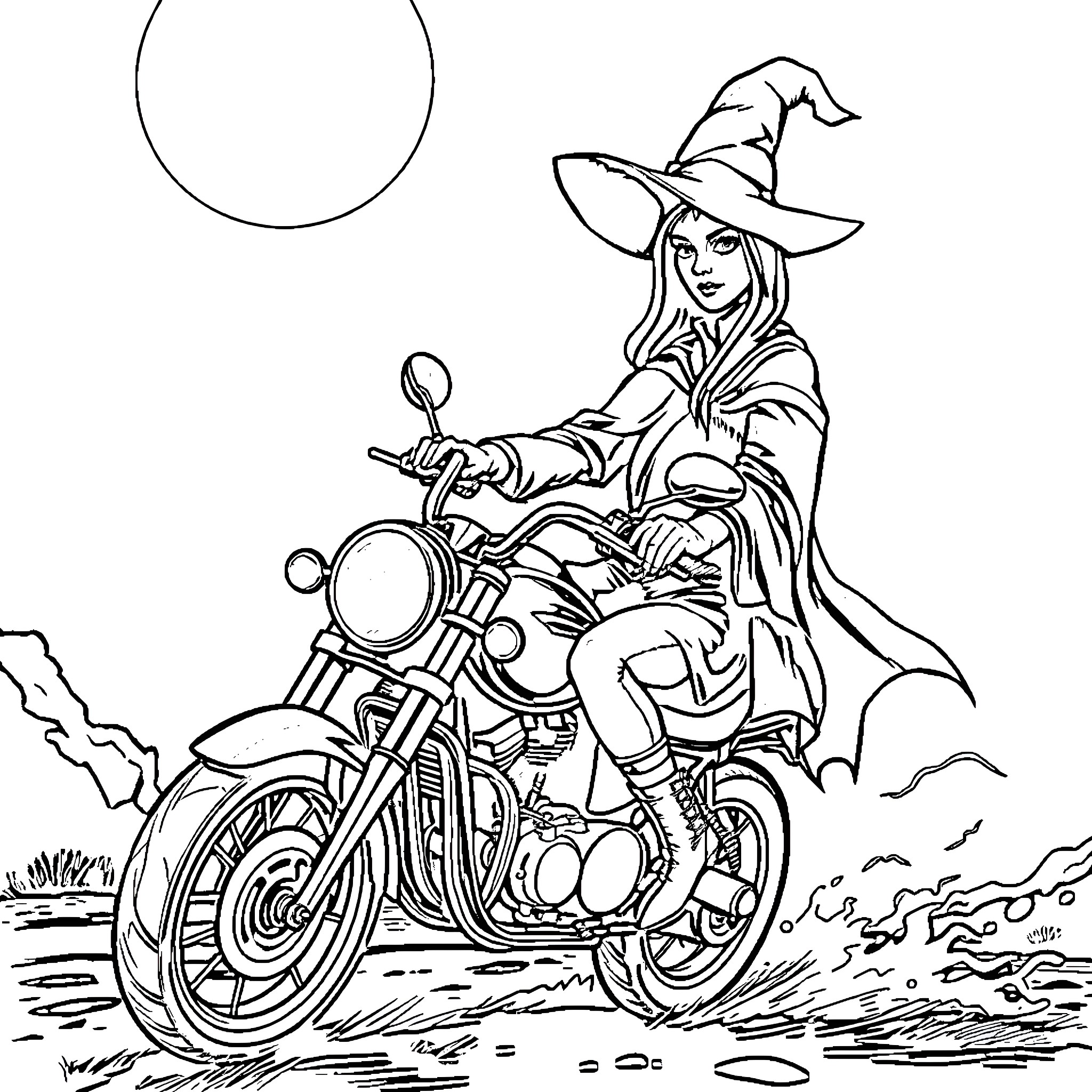 Witch riding a motorcycle on a dark path Coloring Page (free black-and-white line drawing printable PDF for all, from beginners to advanced learners, including children, teens, adults, and seniors)