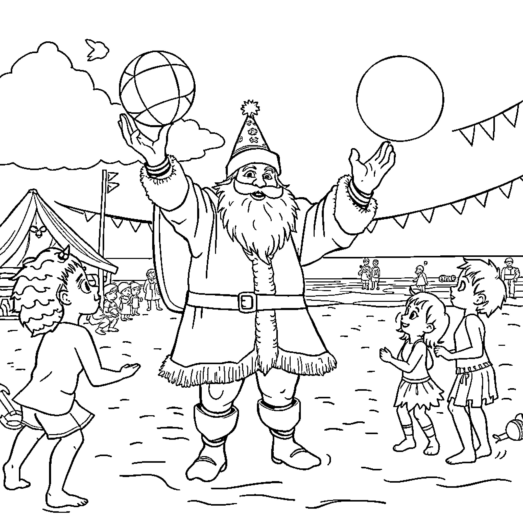 Sinterklaas celebrating with children in festive attire Coloring Page (free black-and-white line drawing printable PDF for all, from beginners to advanced learners, including children, teens, adults, and seniors)