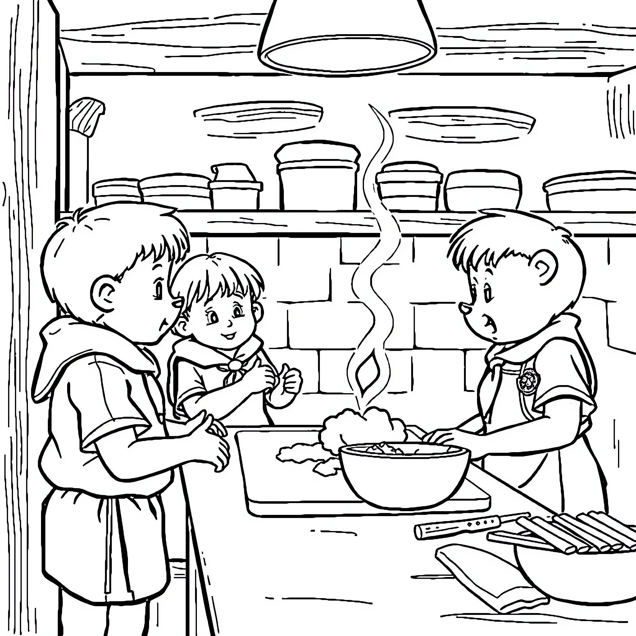 Beaver Children Cooking in the Kitchen Coloring Page (free black-and-white line drawing printable PDF for all, from beginners to advanced learners, including children, teens, adults, and seniors)