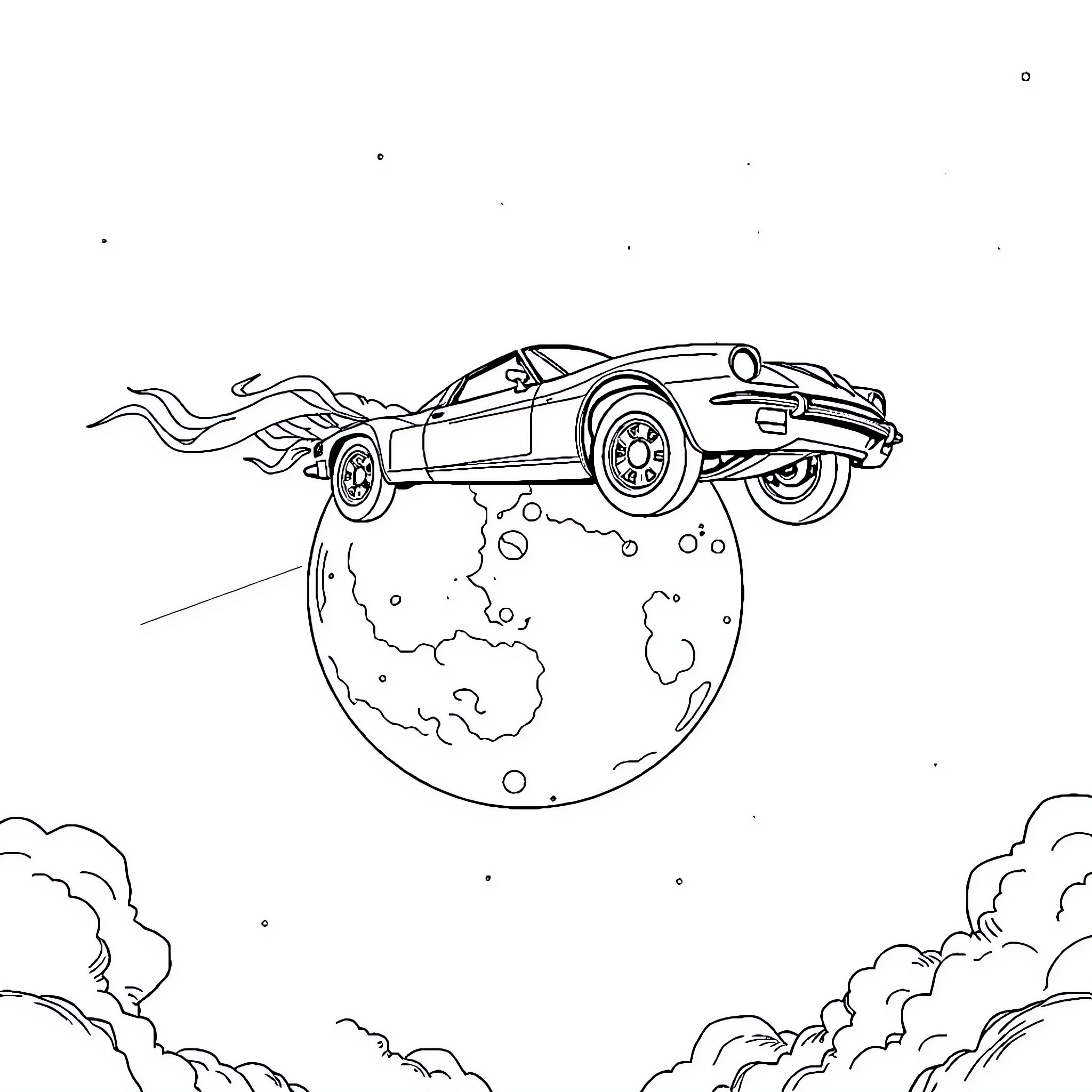 Car soaring over a planetary globe Coloring Page (free black-and-white line drawing printable PDF for all, from beginners to advanced learners, including children, teens, adults, and seniors)