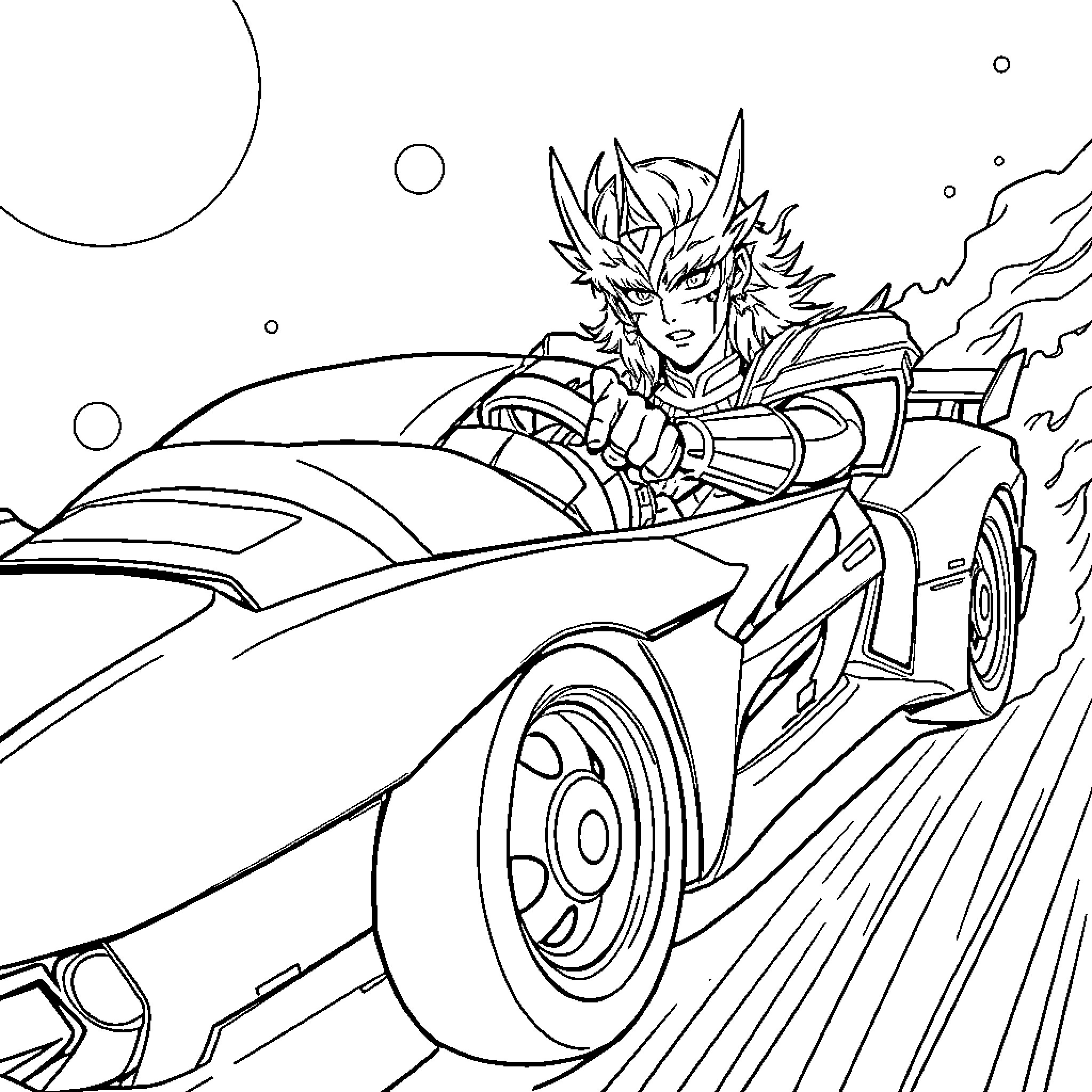 Saint Seiya character speeding in futuristic vehicle Coloring Page (free black-and-white line drawing printable PDF for all, from beginners to advanced learners, including children, teens, adults, and seniors)