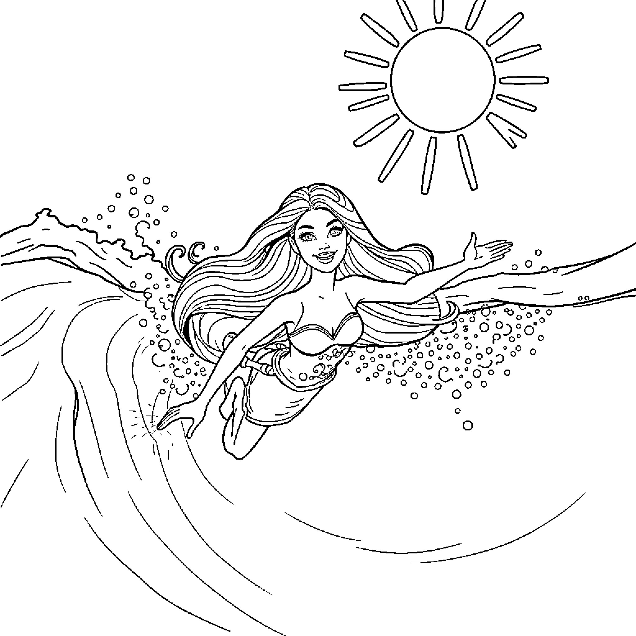 Barbie swimming in the ocean under the sun Coloring Page (free black-and-white line drawing printable PDF for all, from beginners to advanced learners, including children, teens, adults, and seniors)