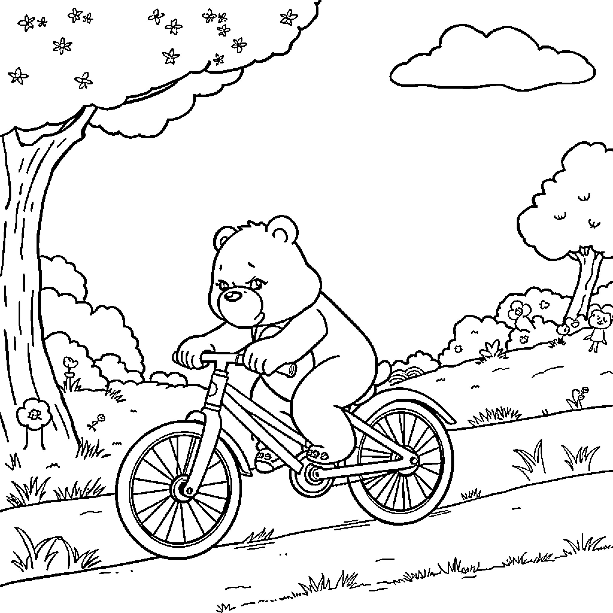 Bear riding a bicycle in the countryside Coloring Page (free black-and-white line drawing printable PDF for all, from beginners to advanced learners, including children, teens, adults, and seniors)