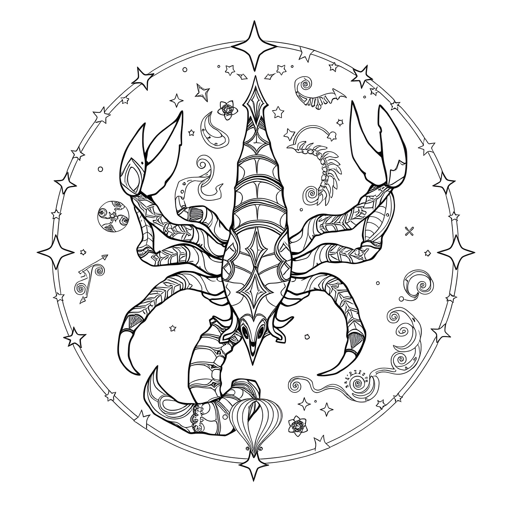Scorpio constellation with mystical symbols Coloring Page (free black-and-white line drawing printable PDF for all, from beginners to advanced learners, including children, teens, adults, and seniors)