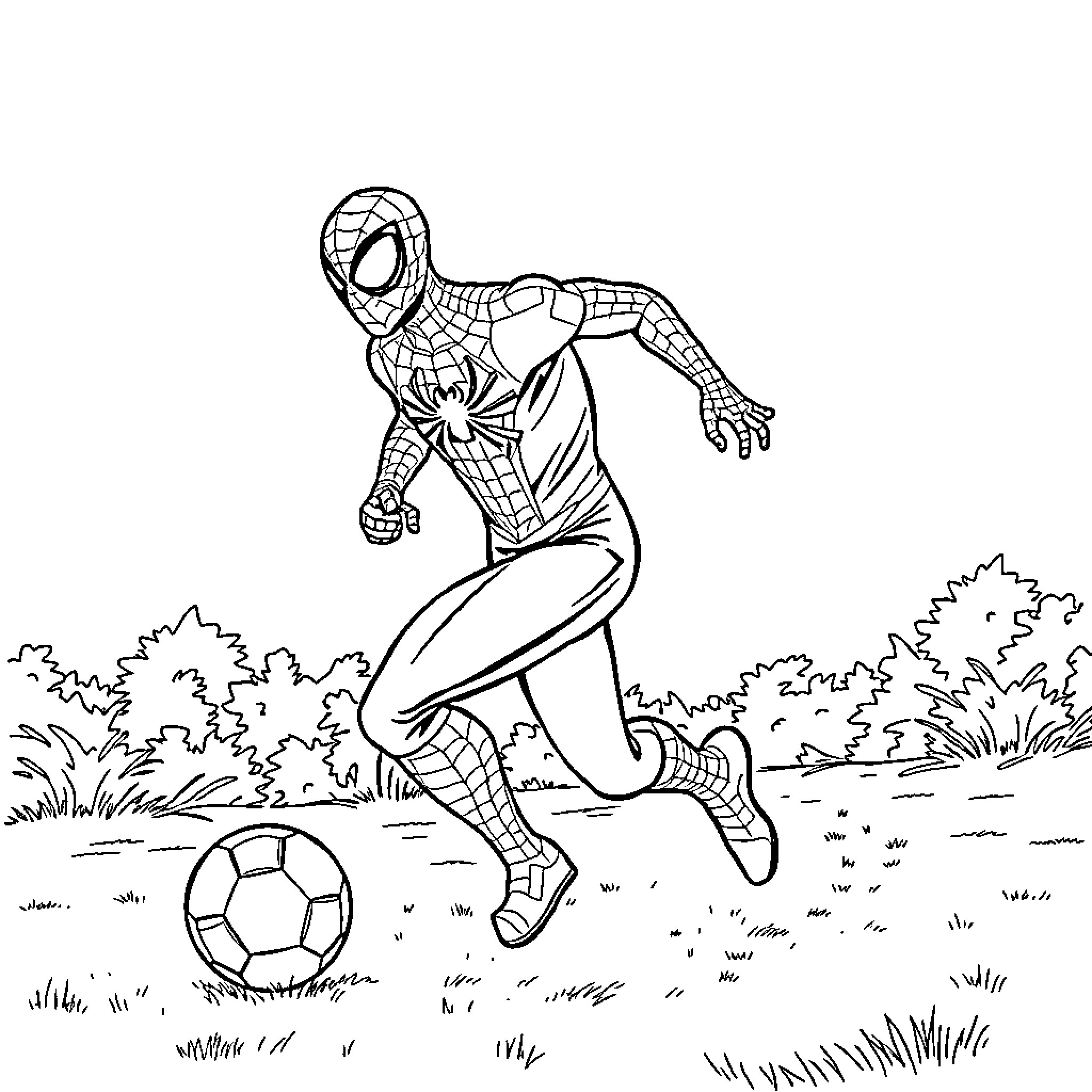 Spiderman plays soccer in the park Coloring Page (free black-and-white line drawing printable PDF for all, from beginners to advanced learners, including children, teens, adults, and seniors)