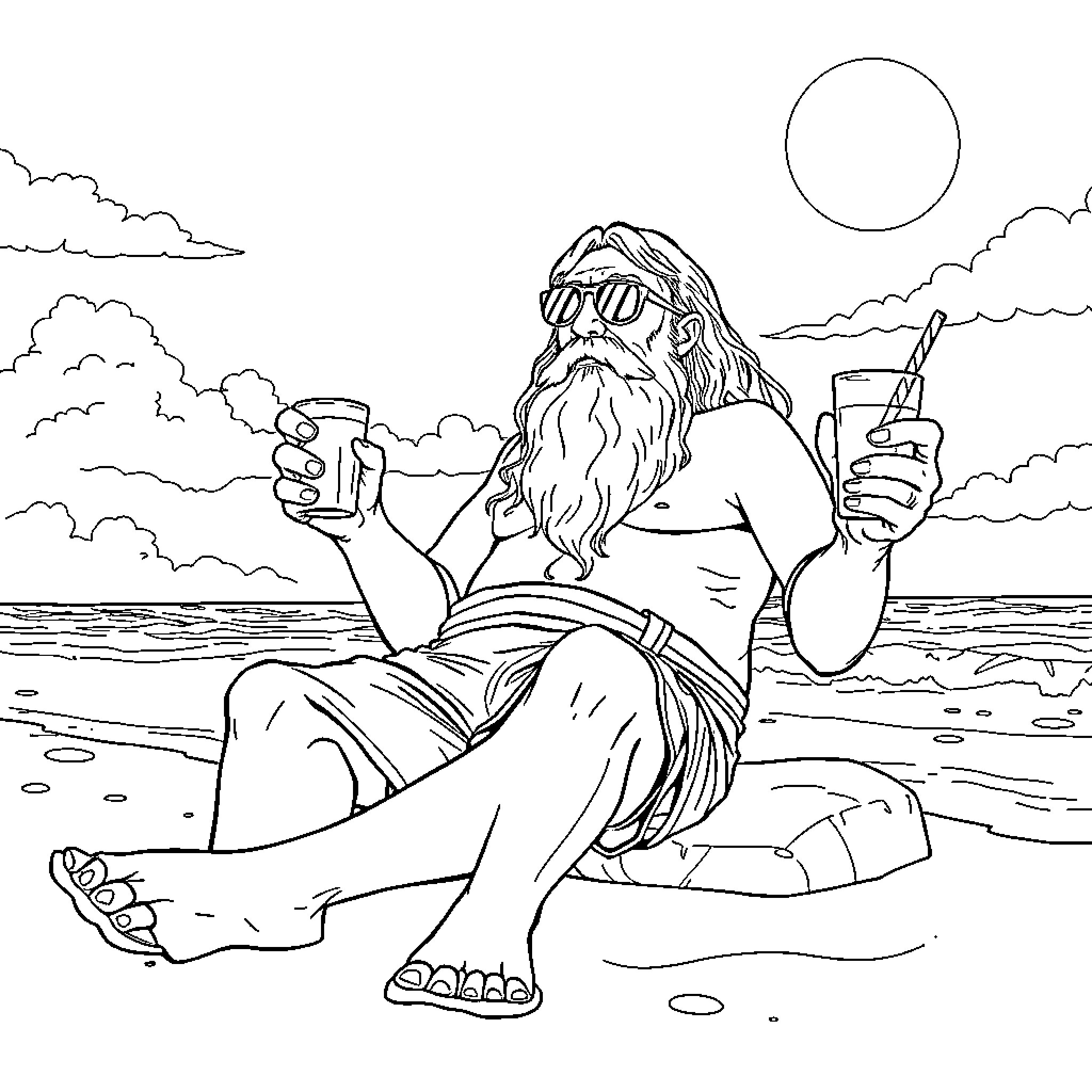 Gandalf relaxing on the beach with drinks Coloring Page (free black-and-white line drawing printable PDF for all, from beginners to advanced learners, including children, teens, adults, and seniors)