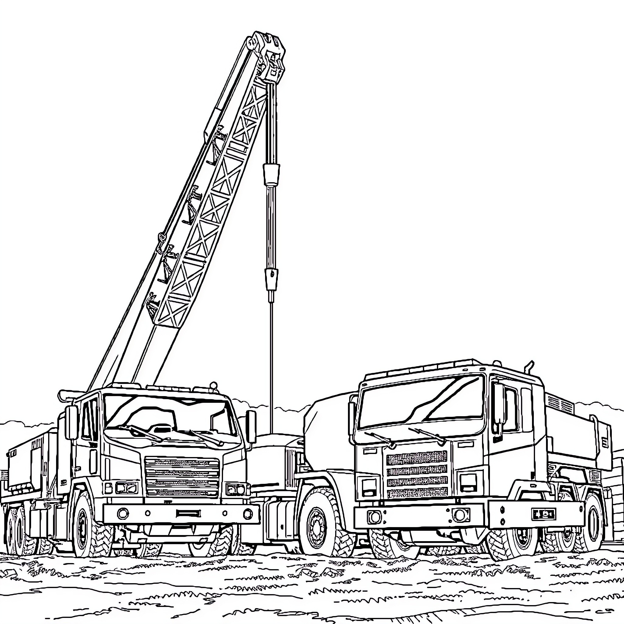 Crane Truck Lifting Heavy Equipment on Construction Site Coloring Page (free black-and-white line drawing printable PDF for all, from beginners to advanced learners, including children, teens, adults, and seniors)