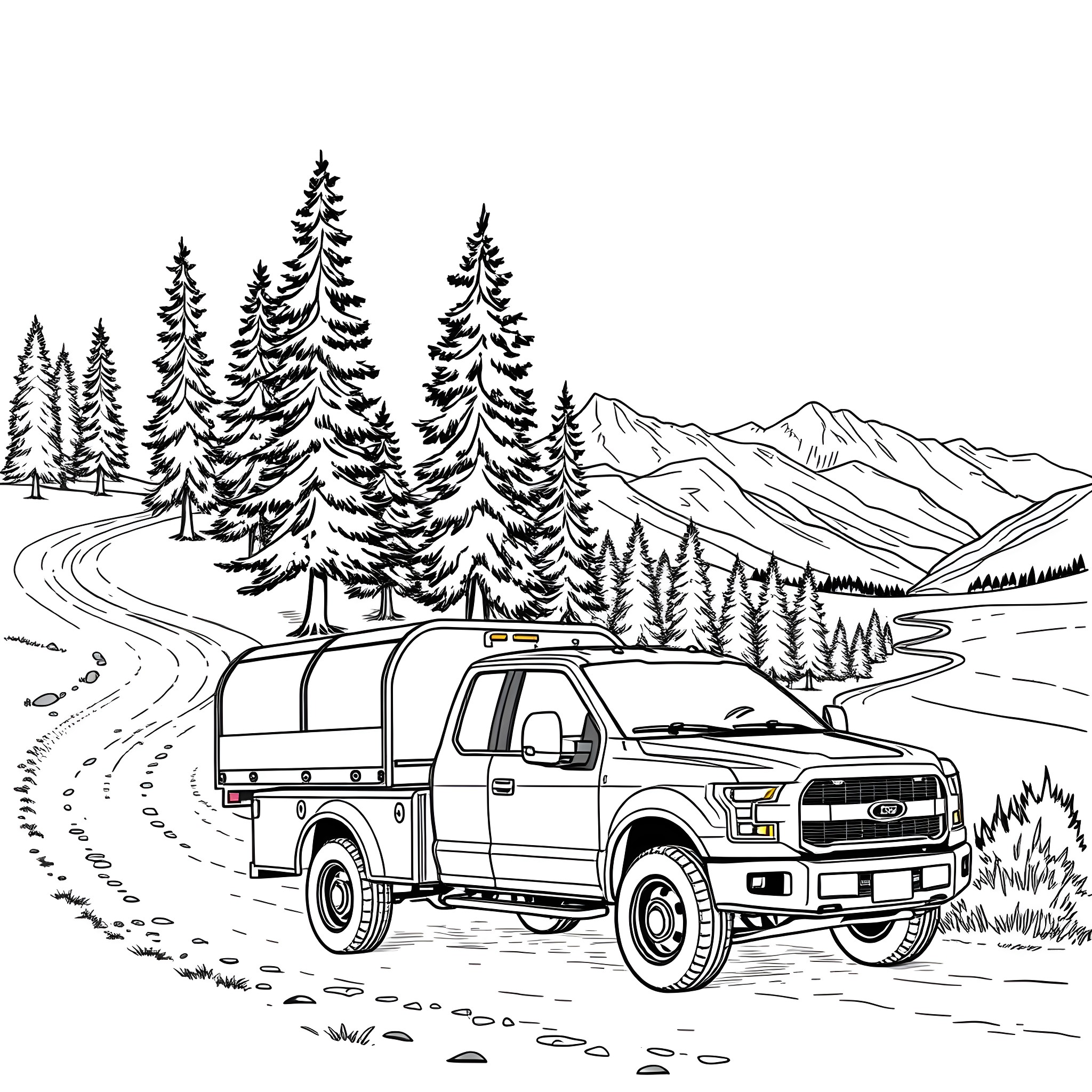 Pickup truck driving through snowy mountain landscape Coloring Page (free black-and-white line drawing printable PDF for all, from beginners to advanced learners, including children, teens, adults, and seniors)