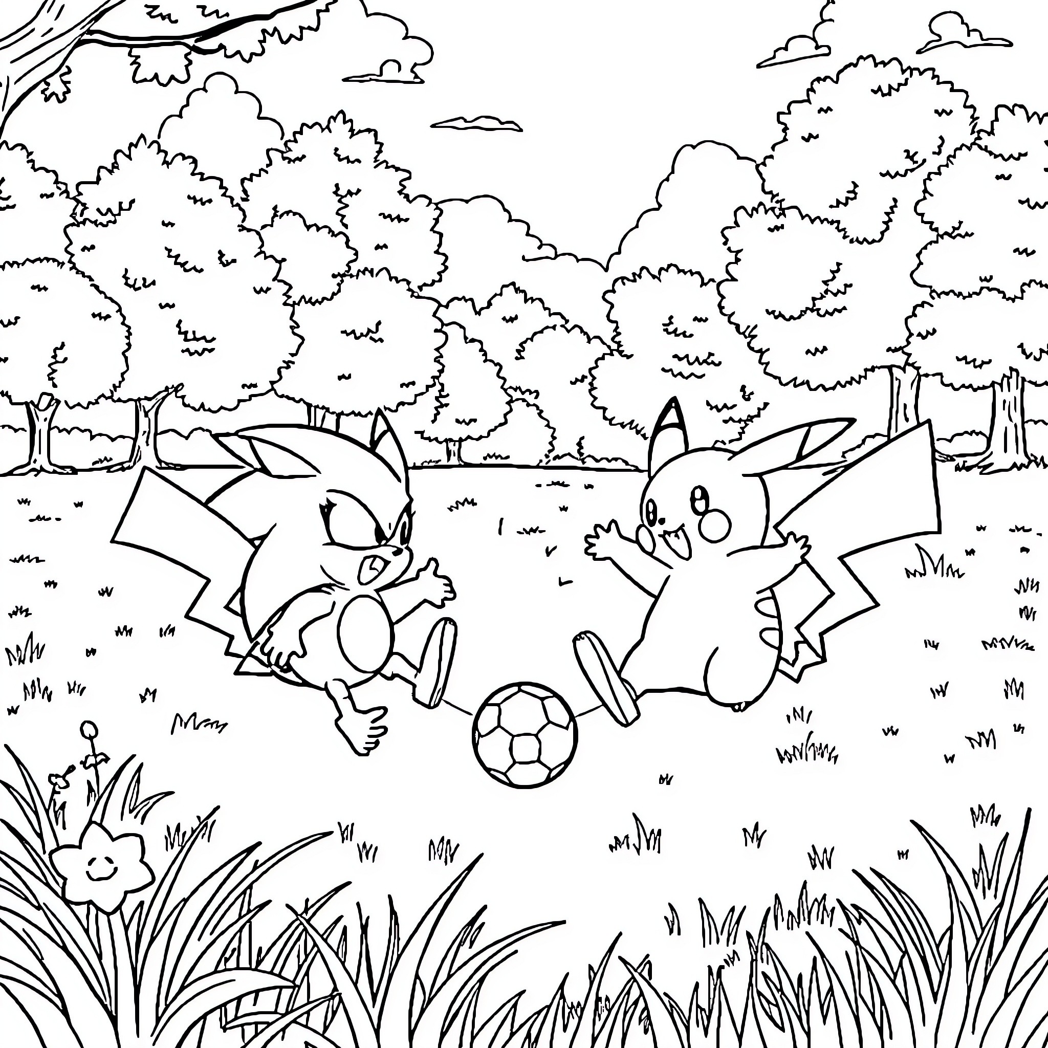 Pikachu playing soccer with friends in the park Coloring Page (free black-and-white line drawing printable PDF for all, from beginners to advanced learners, including children, teens, adults, and seniors)
