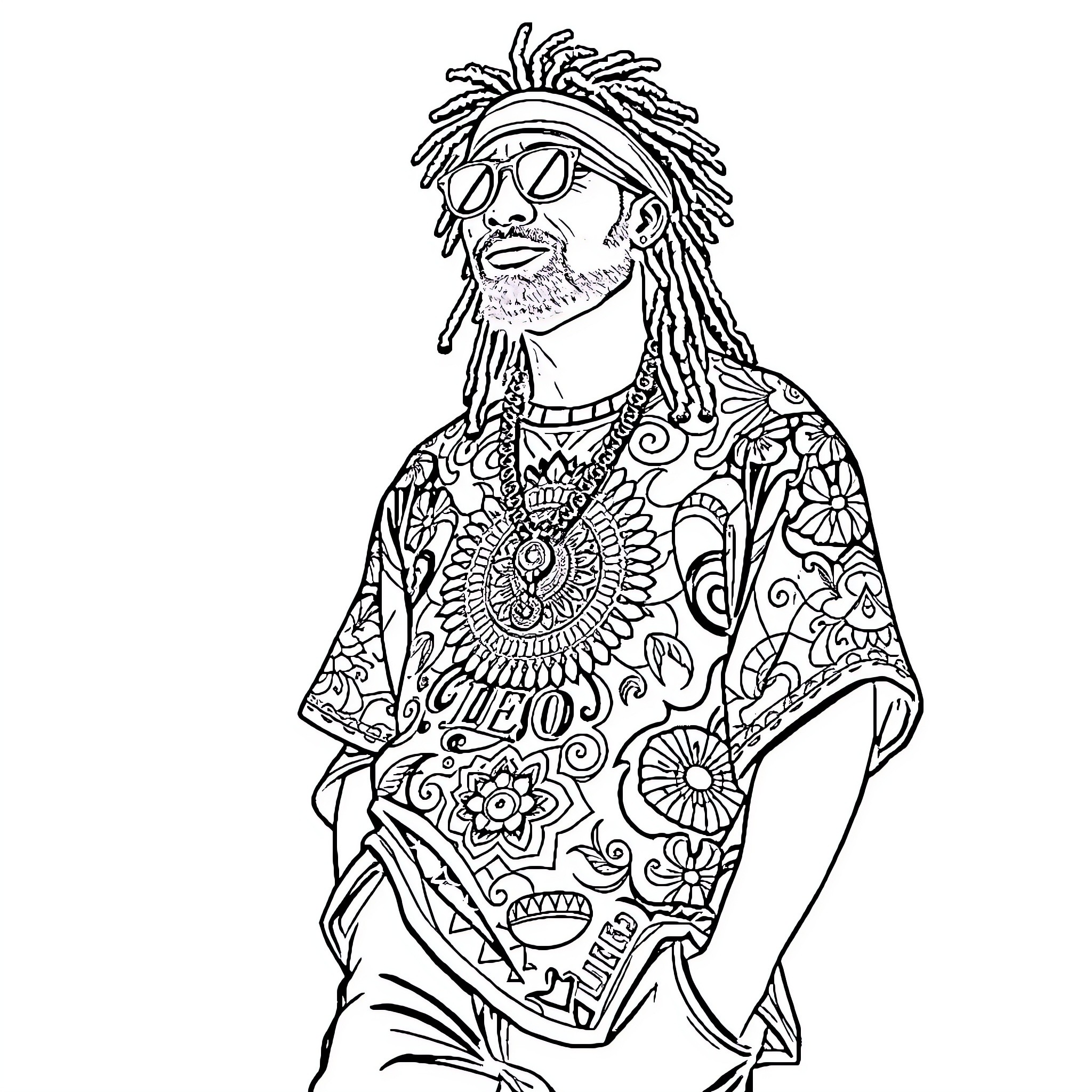 Hippie man in vibrant, patterned outfit Coloring Page (free black-and-white line drawing printable PDF for all, from beginners to advanced learners, including children, teens, adults, and seniors)