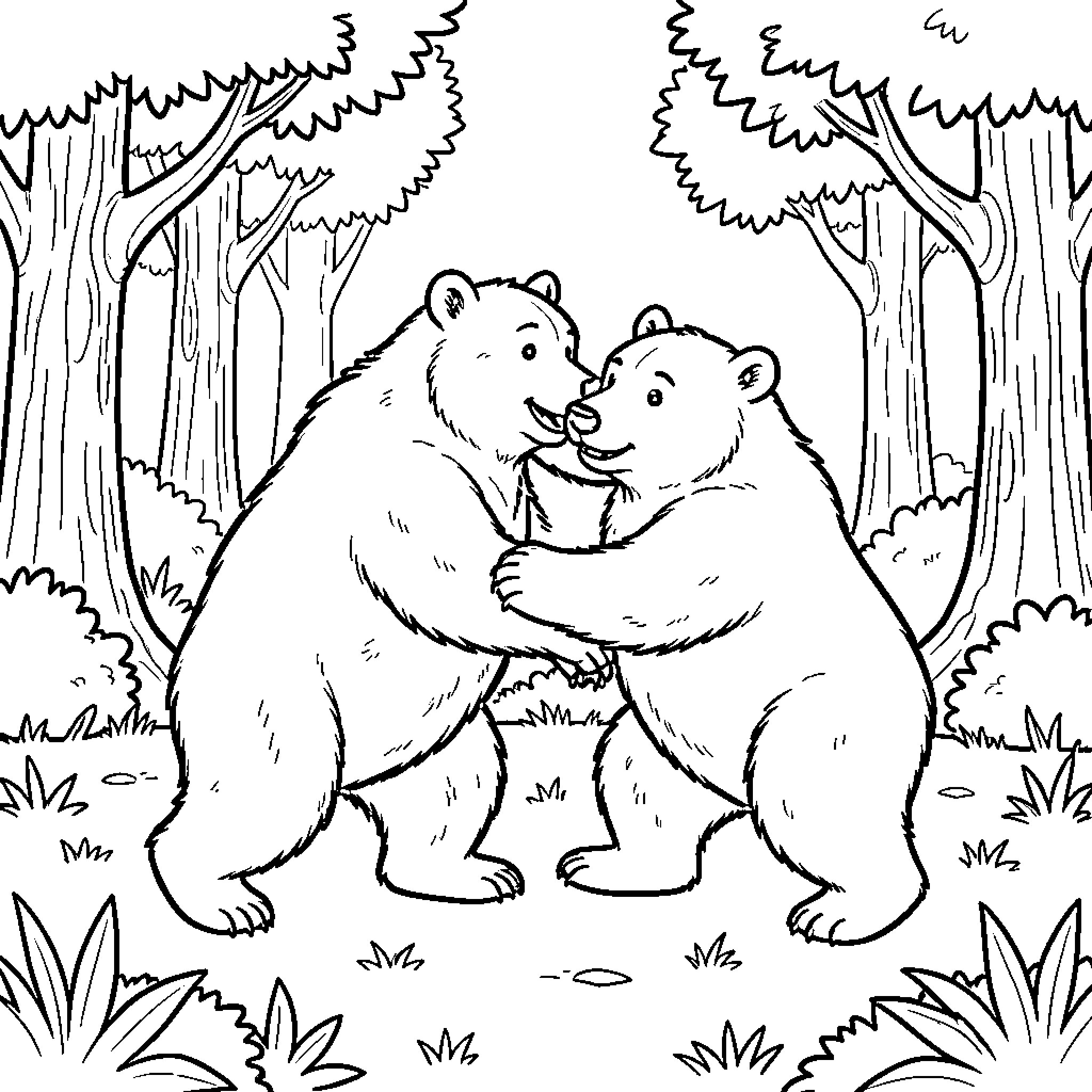 Bear Buddies Embracing in the Wilderness Coloring Page (free black-and-white line drawing printable PDF for all, from beginners to advanced learners, including children, teens, adults, and seniors)