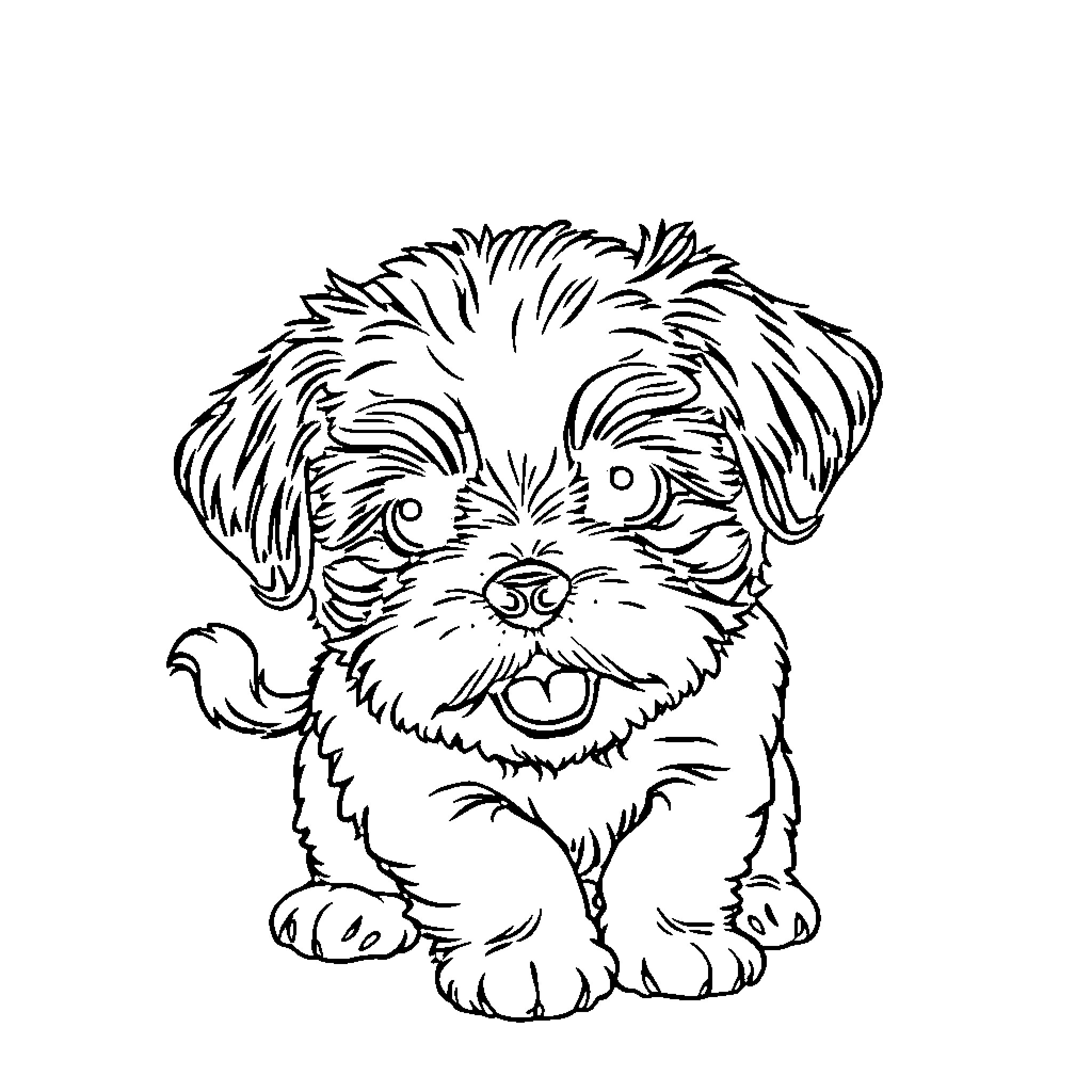 Shih Tzu pup in playful pose Coloring Page (free black-and-white line drawing printable PDF for all, from beginners to advanced learners, including children, teens, adults, and seniors)