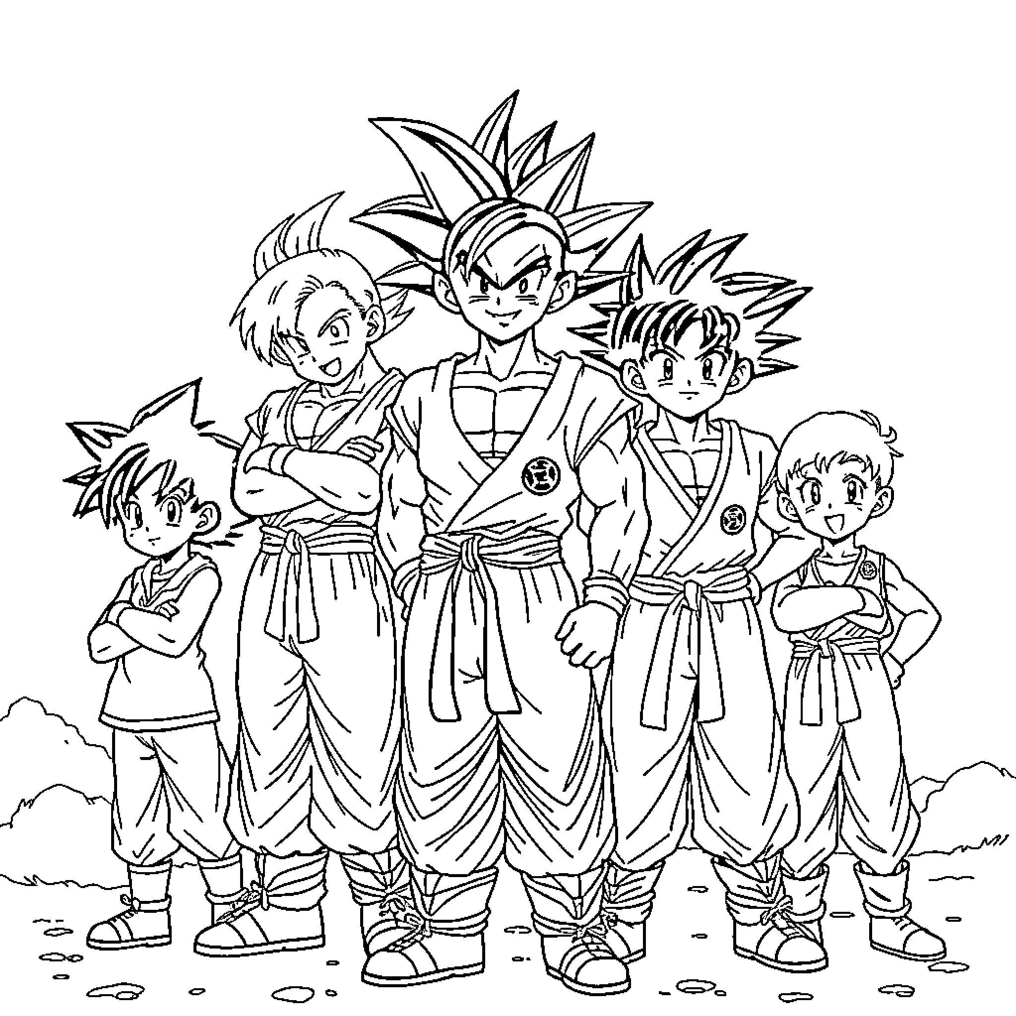 Character group portrait of anime-style warriors Coloring Page (free black-and-white line drawing printable PDF for all, from beginners to advanced learners, including children, teens, adults, and seniors)