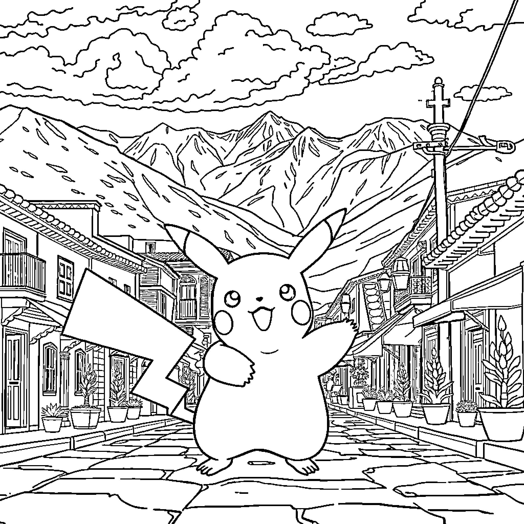 Pikachu exploring a picturesque mountain town Coloring Page (free black-and-white line drawing printable PDF for all, from beginners to advanced learners, including children, teens, adults, and seniors)