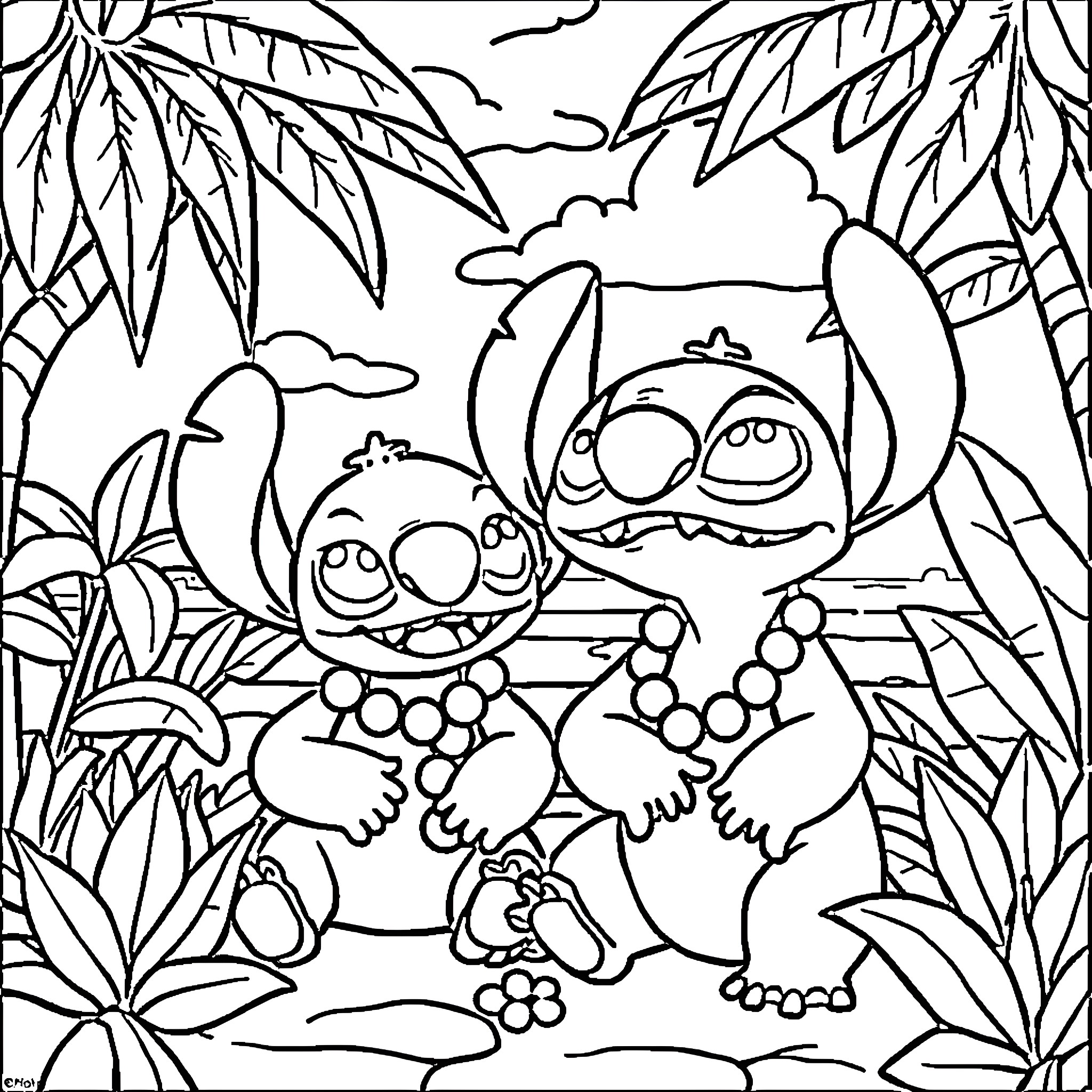 Lilo And Stitch in a Tropical Landscape Coloring Page (free black-and-white line drawing printable PDF for all, from beginners to advanced learners, including children, teens, adults, and seniors)