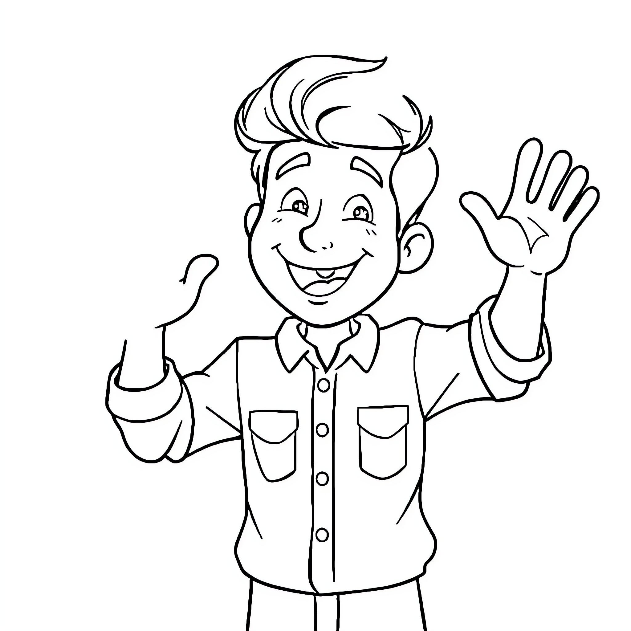 Hello friendly character waving with a smile Coloring Page (free black-and-white line drawing printable PDF for all, from beginners to advanced learners, including children, teens, adults, and seniors)