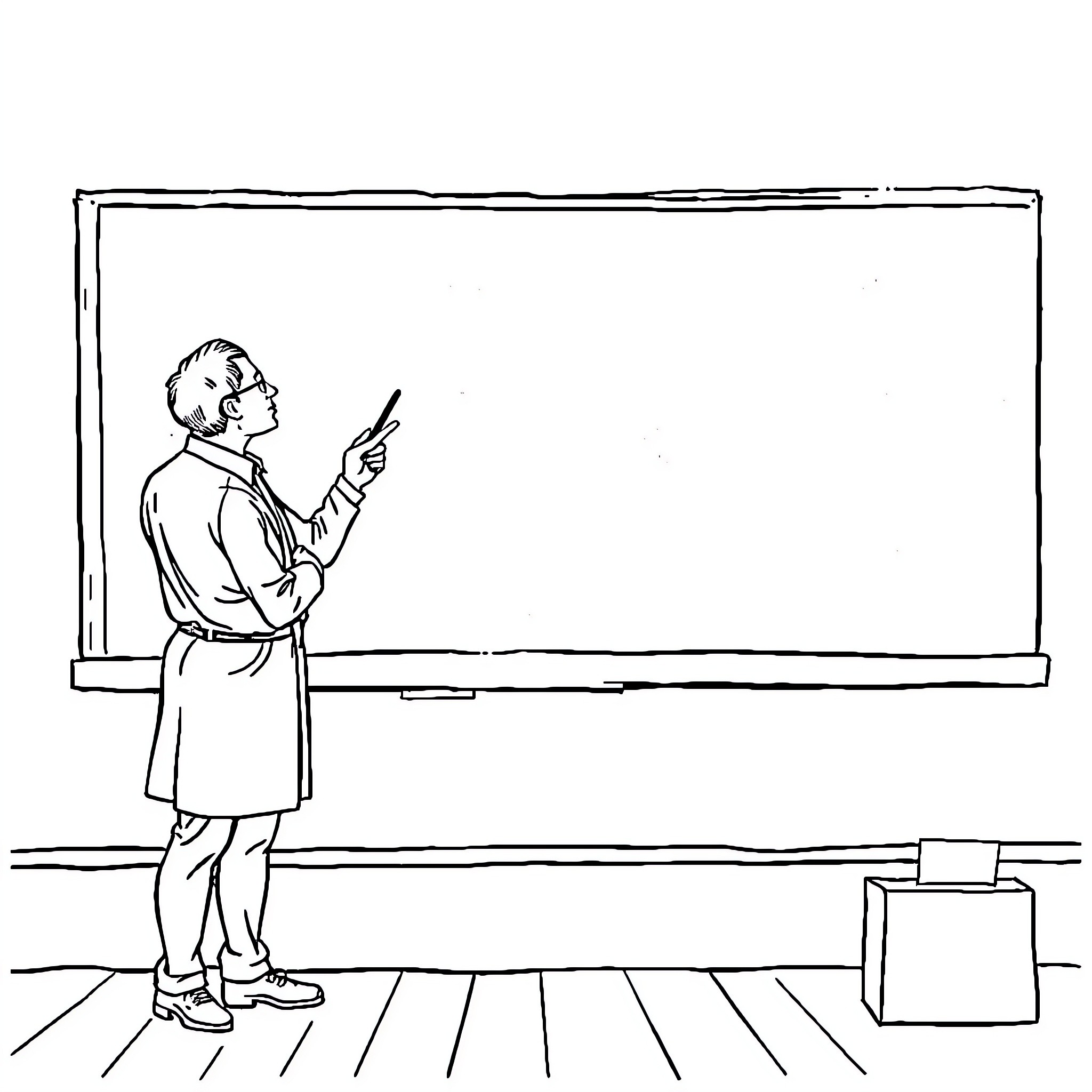 Physics teacher explaining concepts on blackboard Coloring Page (free black-and-white line drawing printable PDF for all, from beginners to advanced learners, including children, teens, adults, and seniors)