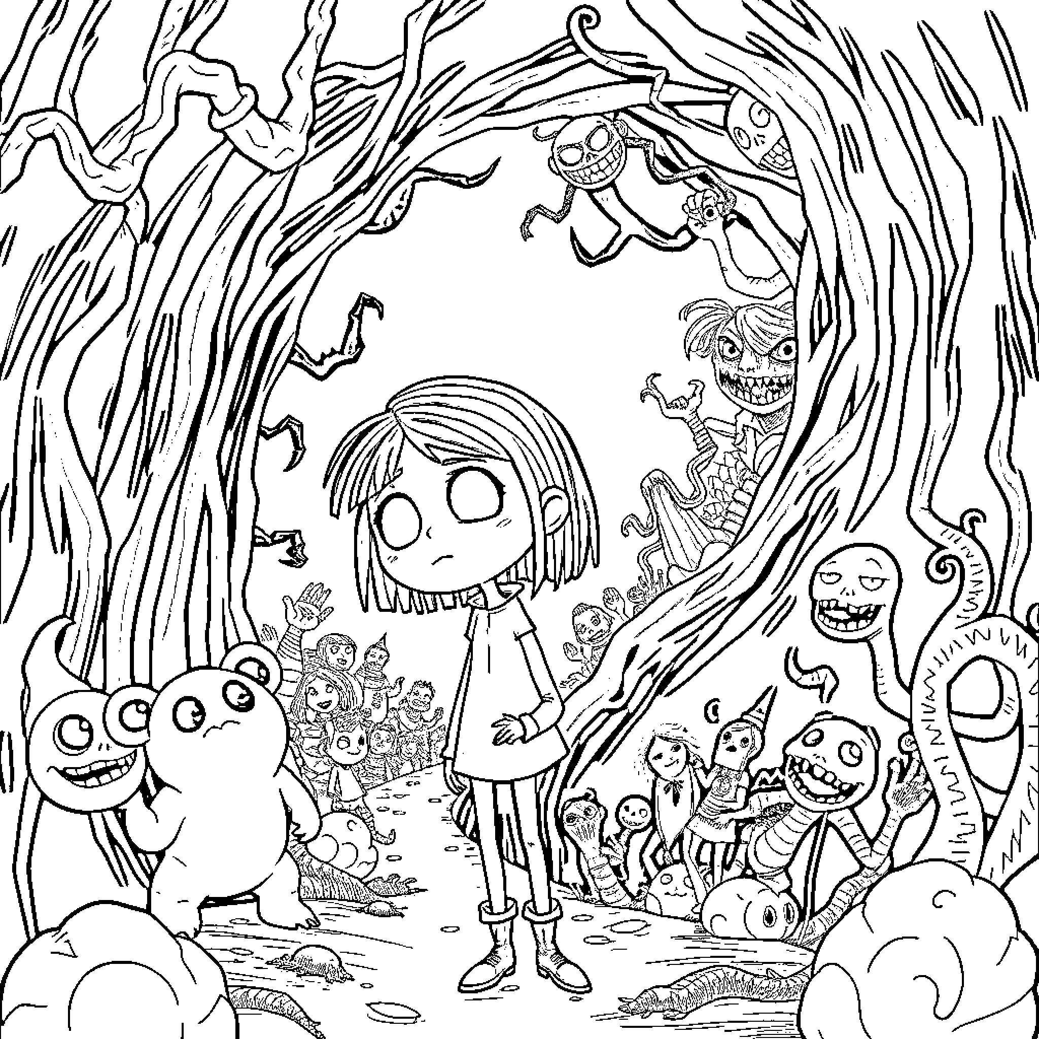 Coraline's Curious Encounter in the Whimsical Otherworld Coloring Page (free black-and-white line drawing printable PDF for all, from beginners to advanced learners, including children, teens, adults, and seniors)
