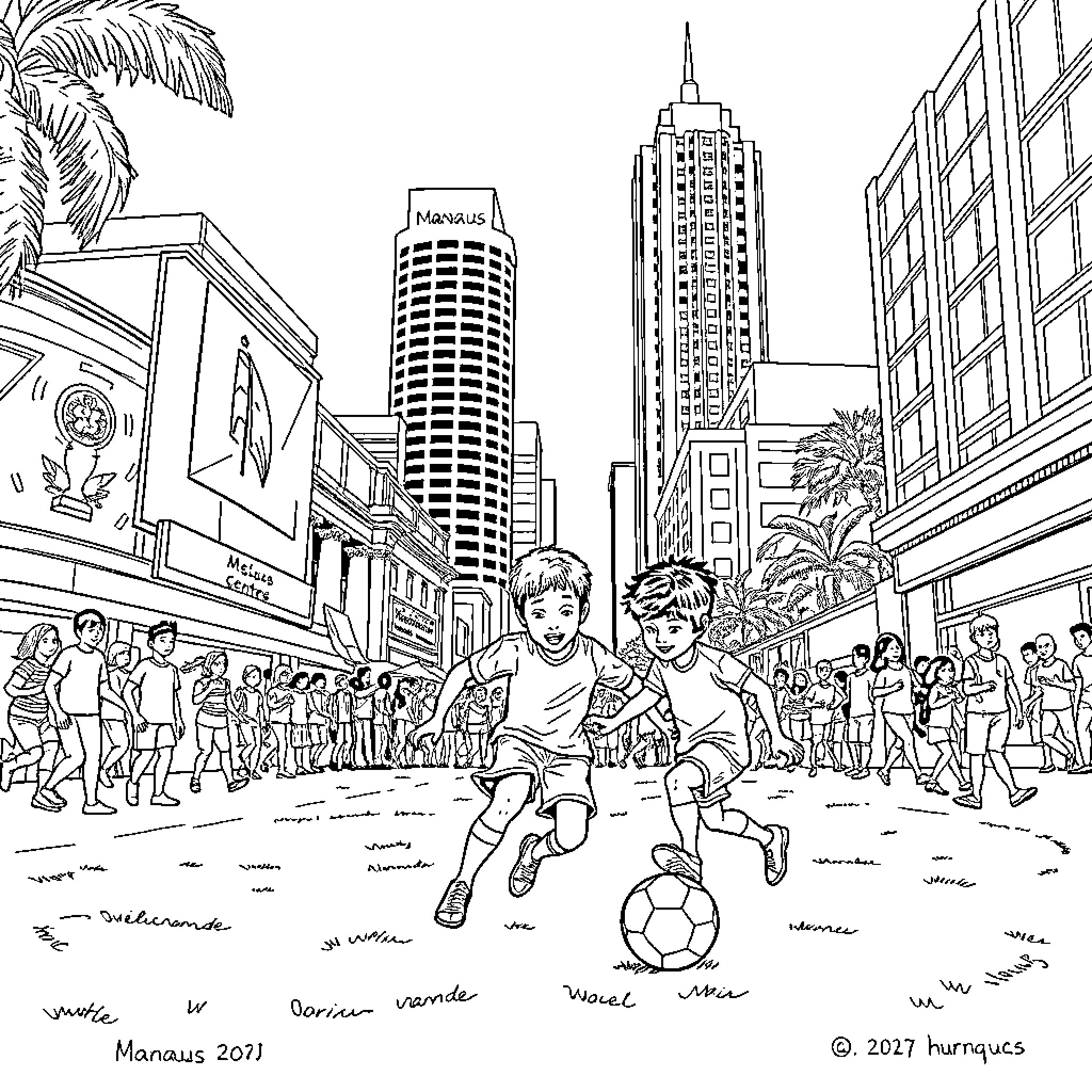 Money and Fun in the City Streets Coloring Page (free black-and-white line drawing printable PDF for all, from beginners to advanced learners, including children, teens, adults, and seniors)