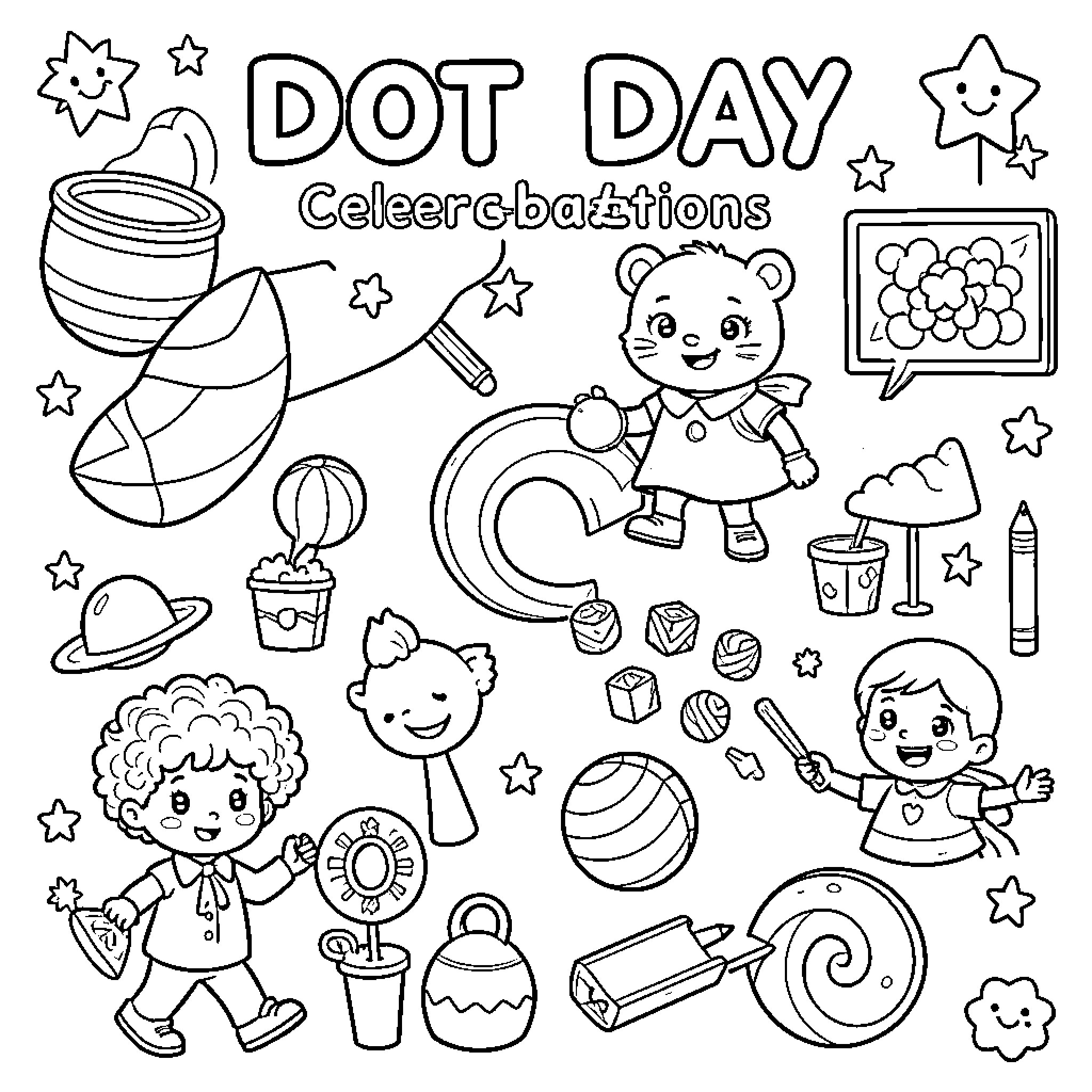 Dot Day celebrations with happy characters and festive objects Coloring Page (free black-and-white line drawing printable PDF for all, from beginners to advanced learners, including children, teens, adults, and seniors)
