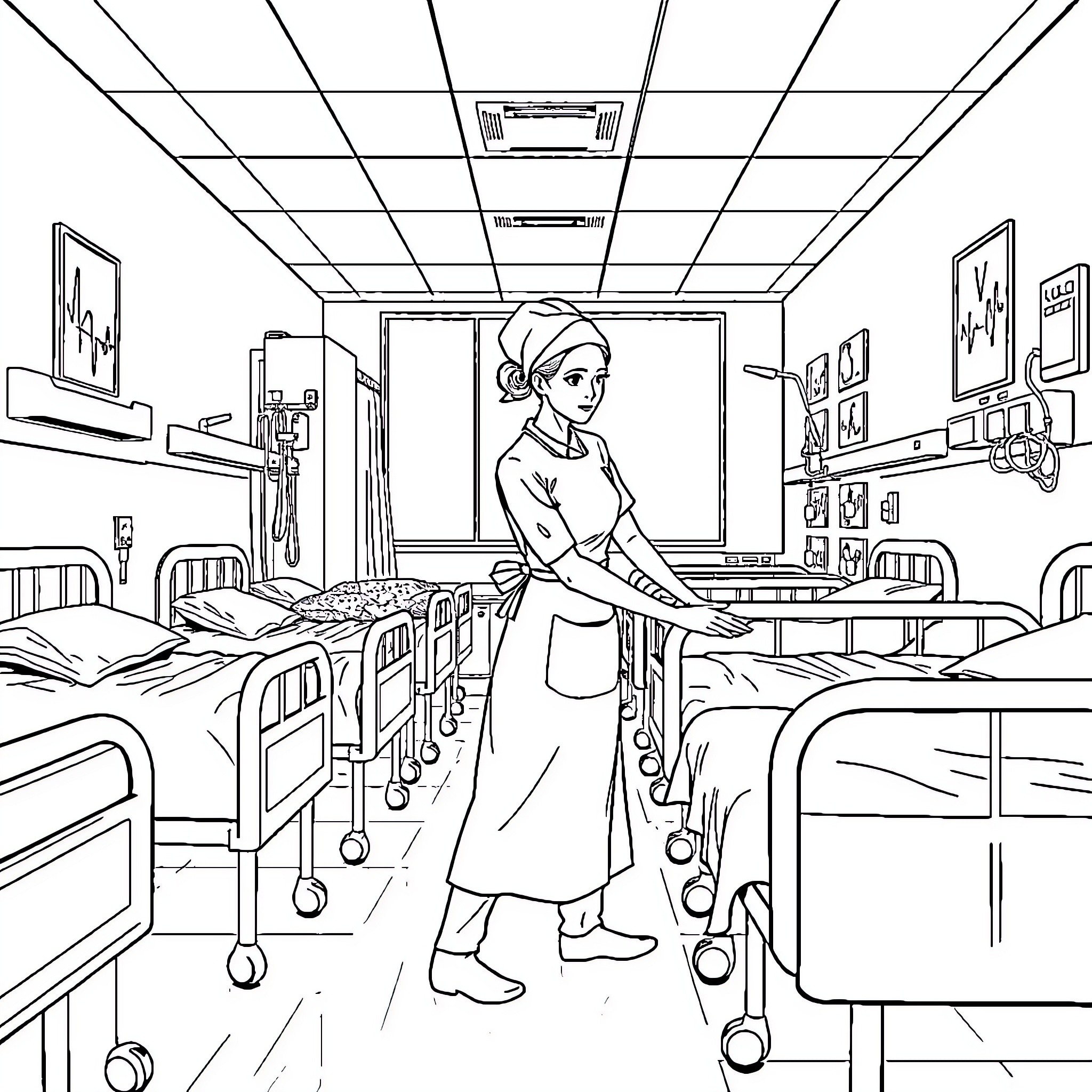 Nurse Tending to Patients in Hospital Ward Coloring Page (free black-and-white line drawing printable PDF for all, from beginners to advanced learners, including children, teens, adults, and seniors)