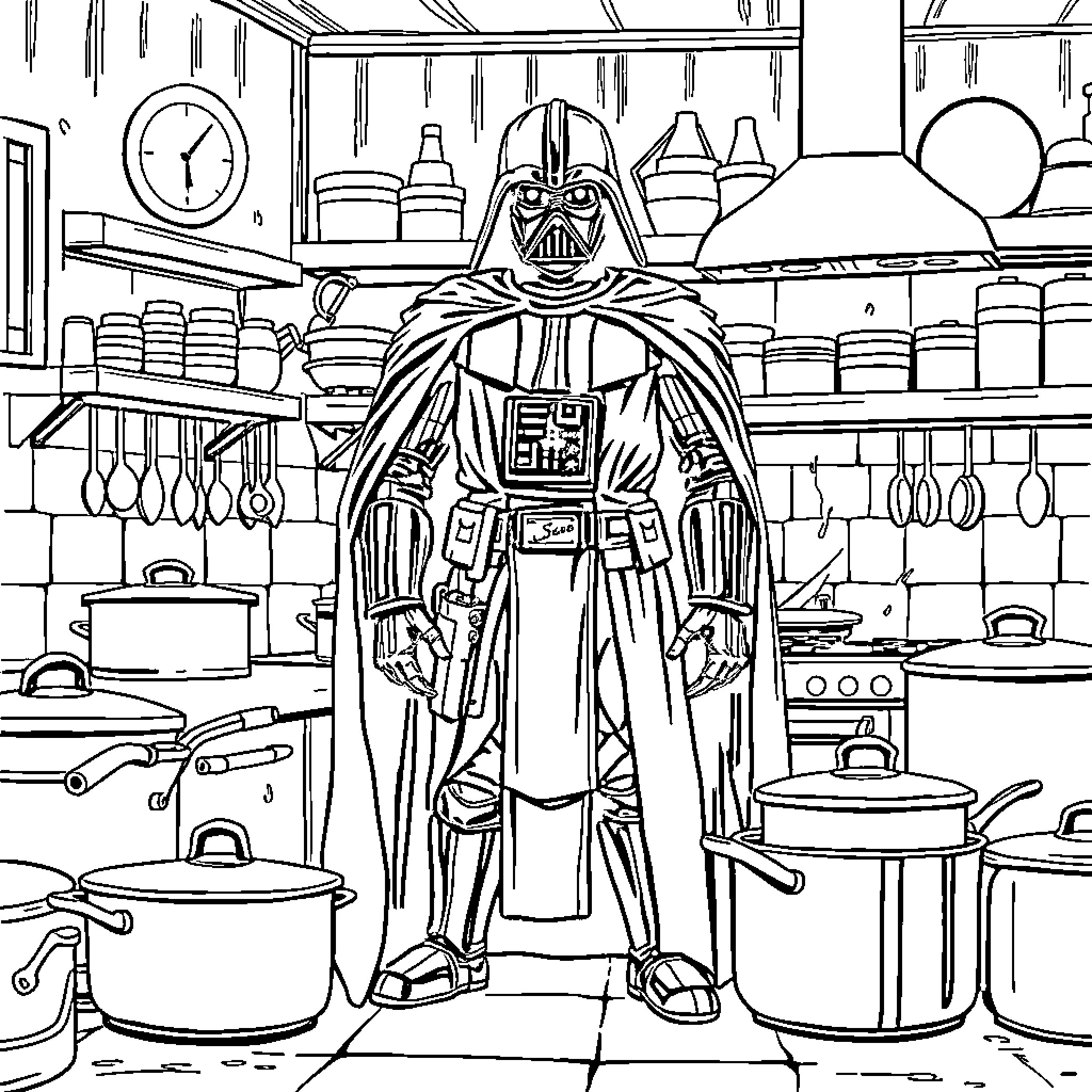 Darth Vader in the Kitchen Coloring Page (free black-and-white line drawing printable PDF for all, from beginners to advanced learners, including children, teens, adults, and seniors)