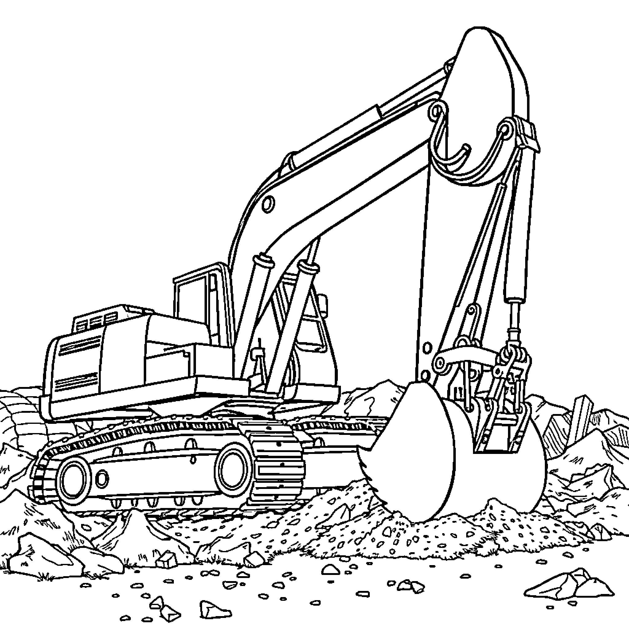 Excavator Digging and Lifting Heavy Objects on Site Coloring Page (free black-and-white line drawing printable PDF for all, from beginners to advanced learners, including children, teens, adults, and seniors)