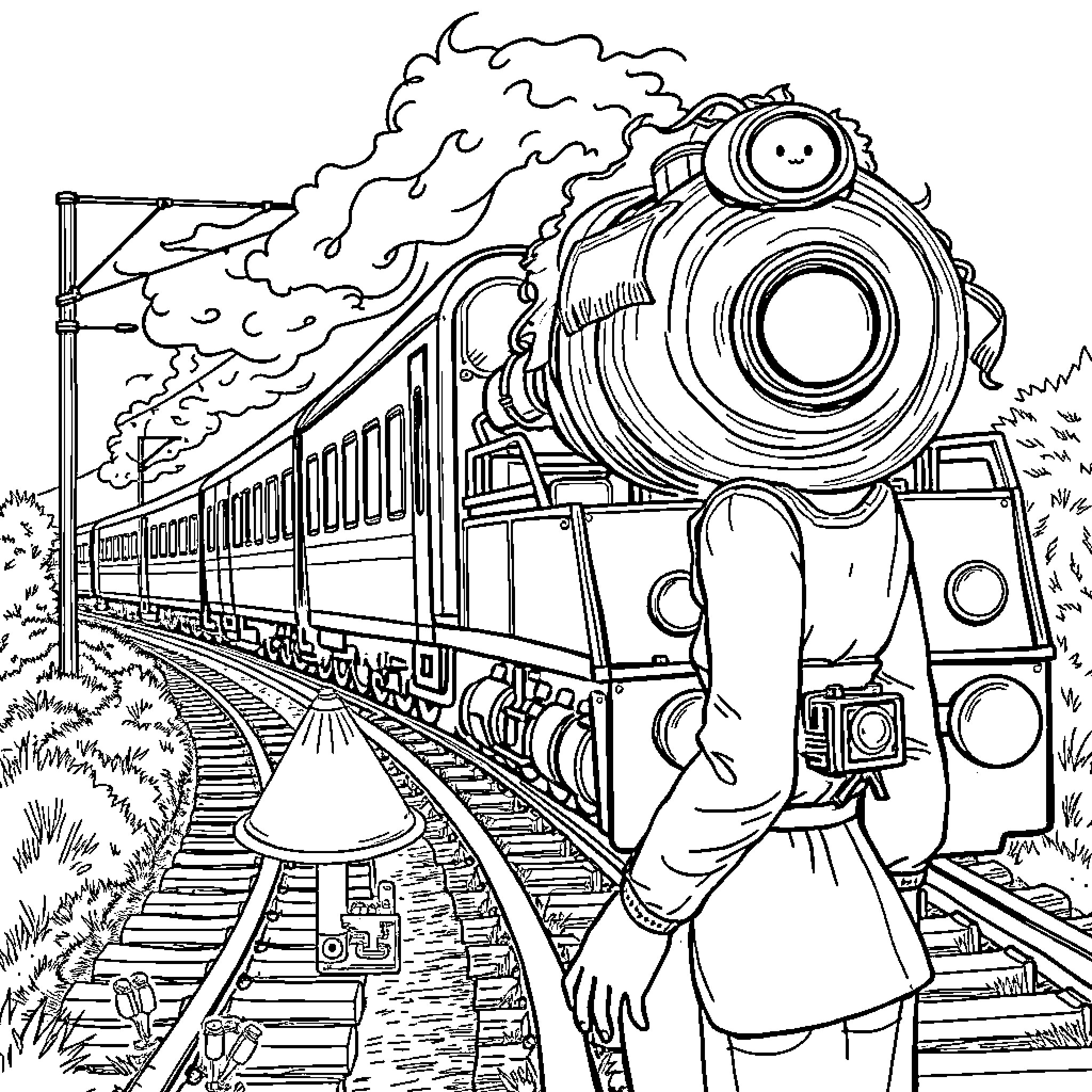 Woman on train platform waving to locomotive Coloring Page (free black-and-white line drawing printable PDF for all, from beginners to advanced learners, including children, teens, adults, and seniors)