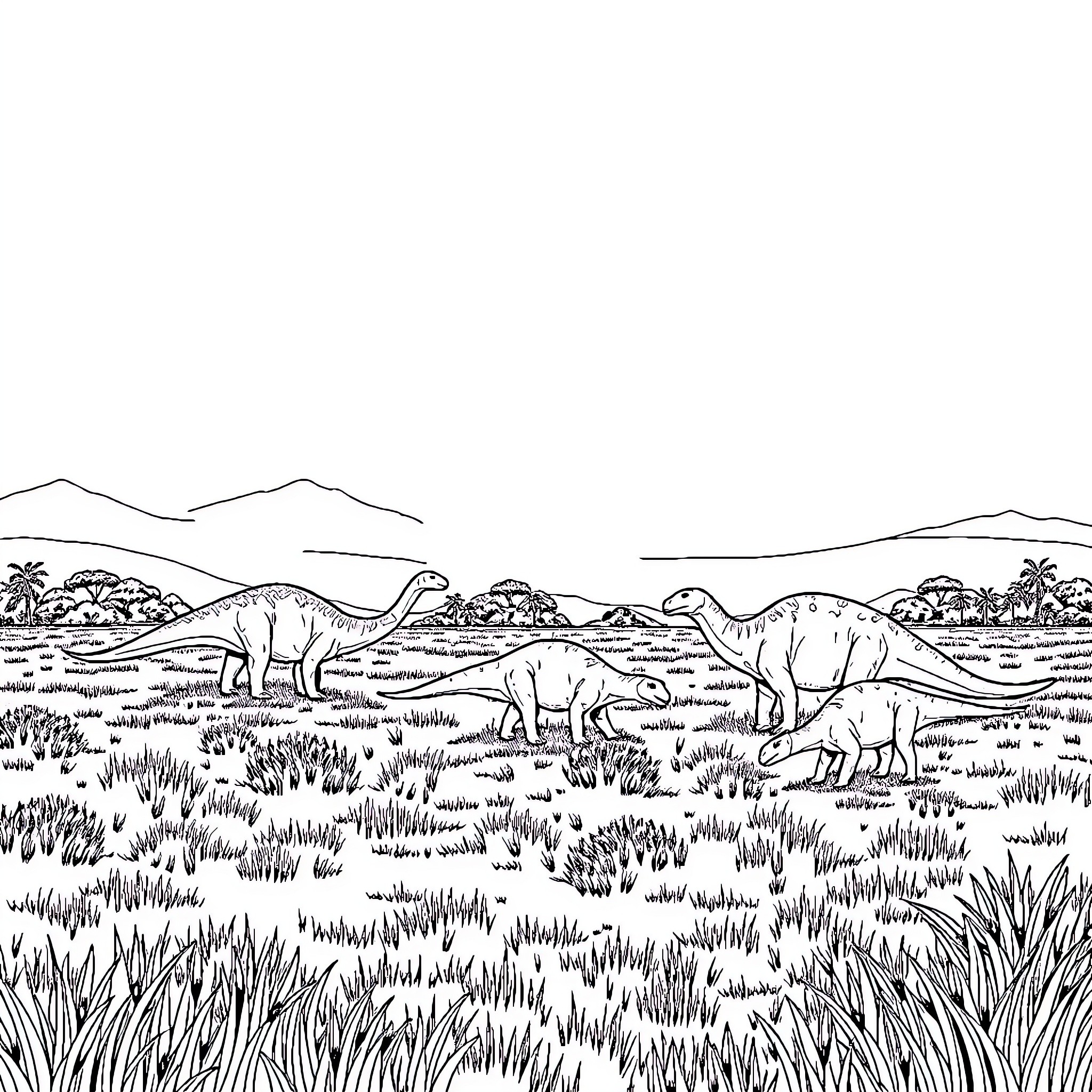 Dinosaurs roaming the prehistoric landscape Coloring Page (free black-and-white line drawing printable PDF for all, from beginners to advanced learners, including children, teens, adults, and seniors)