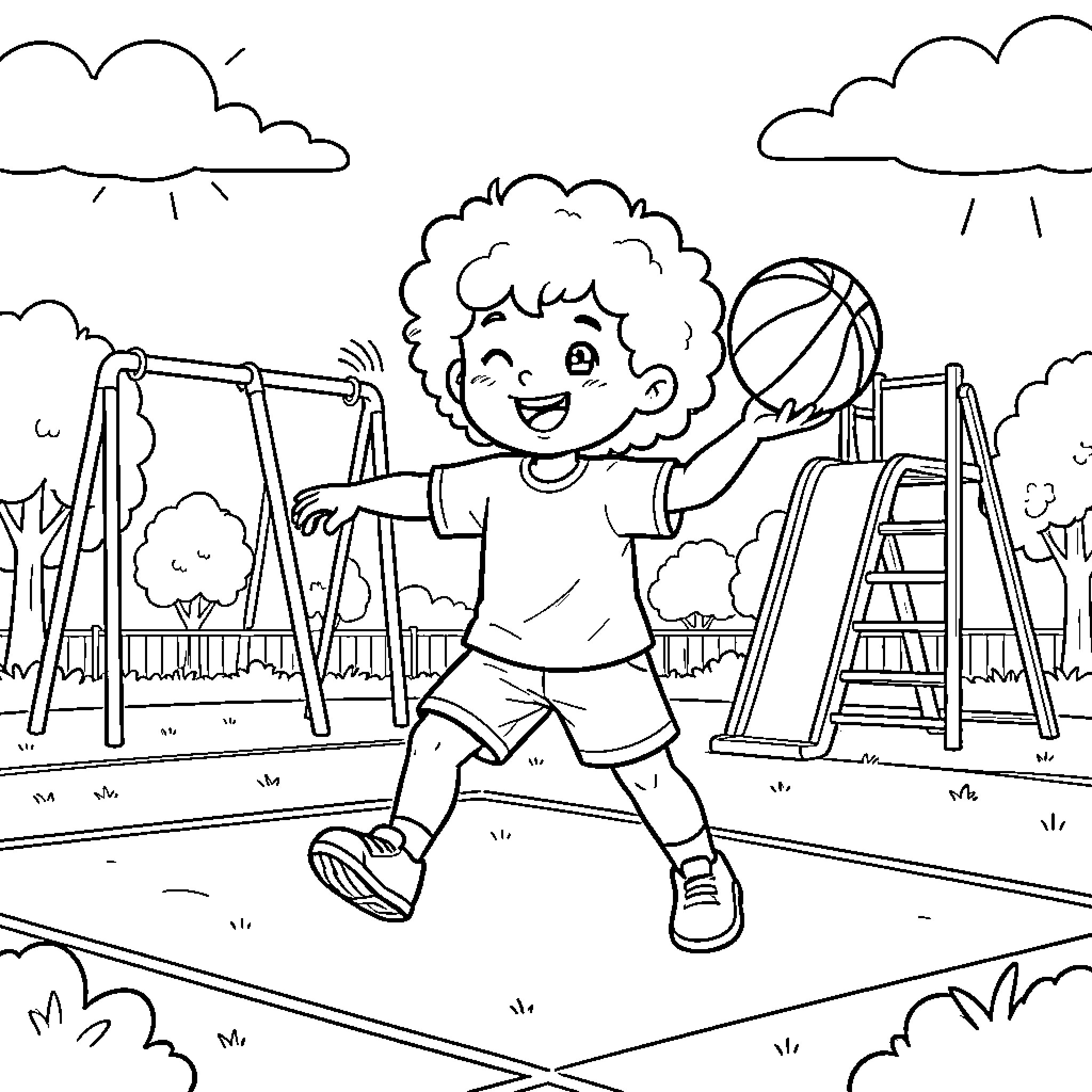 Kid joyfully playing basketball on the playground Coloring Page (free black-and-white line drawing printable PDF for all, from beginners to advanced learners, including children, teens, adults, and seniors)