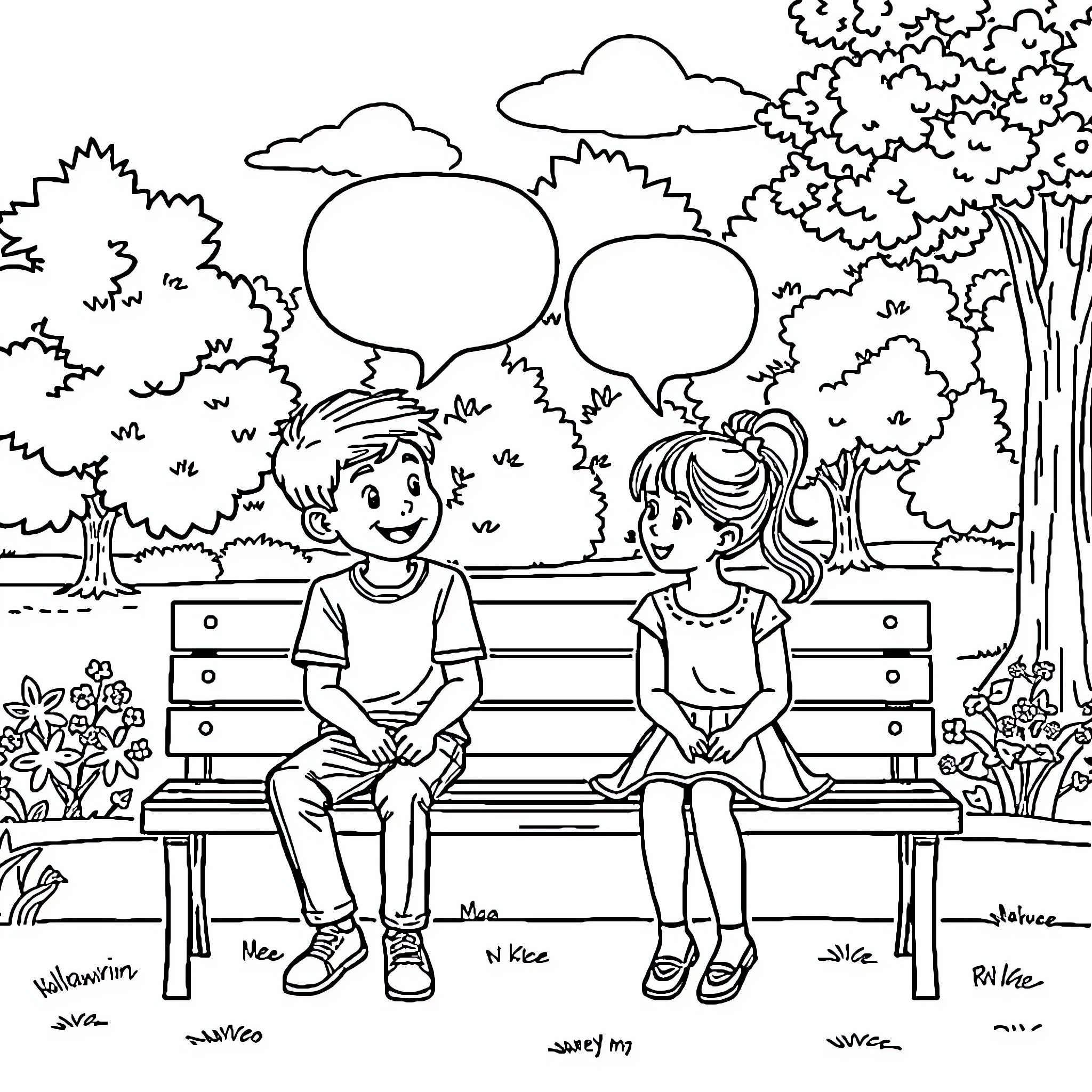 Boy and Girl Chatting on a Bench in the Park Coloring Page (free black-and-white line drawing printable PDF for all, from beginners to advanced learners, including children, teens, adults, and seniors)