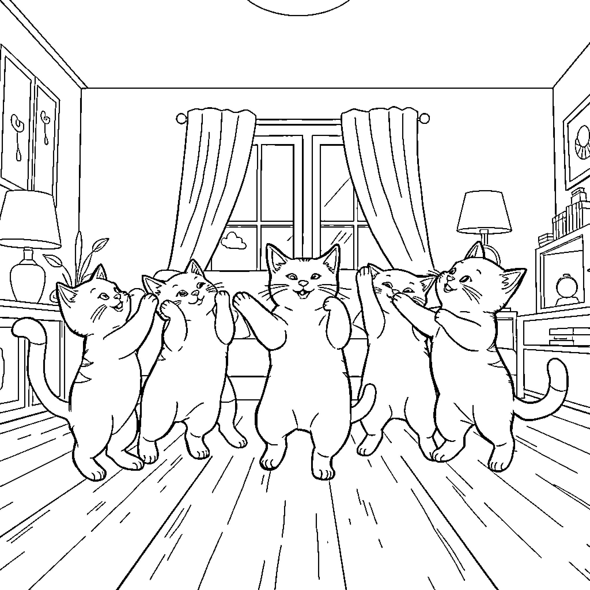 Cats performing in a room Coloring Page (free black-and-white line drawing printable PDF for all, from beginners to advanced learners, including children, teens, adults, and seniors)