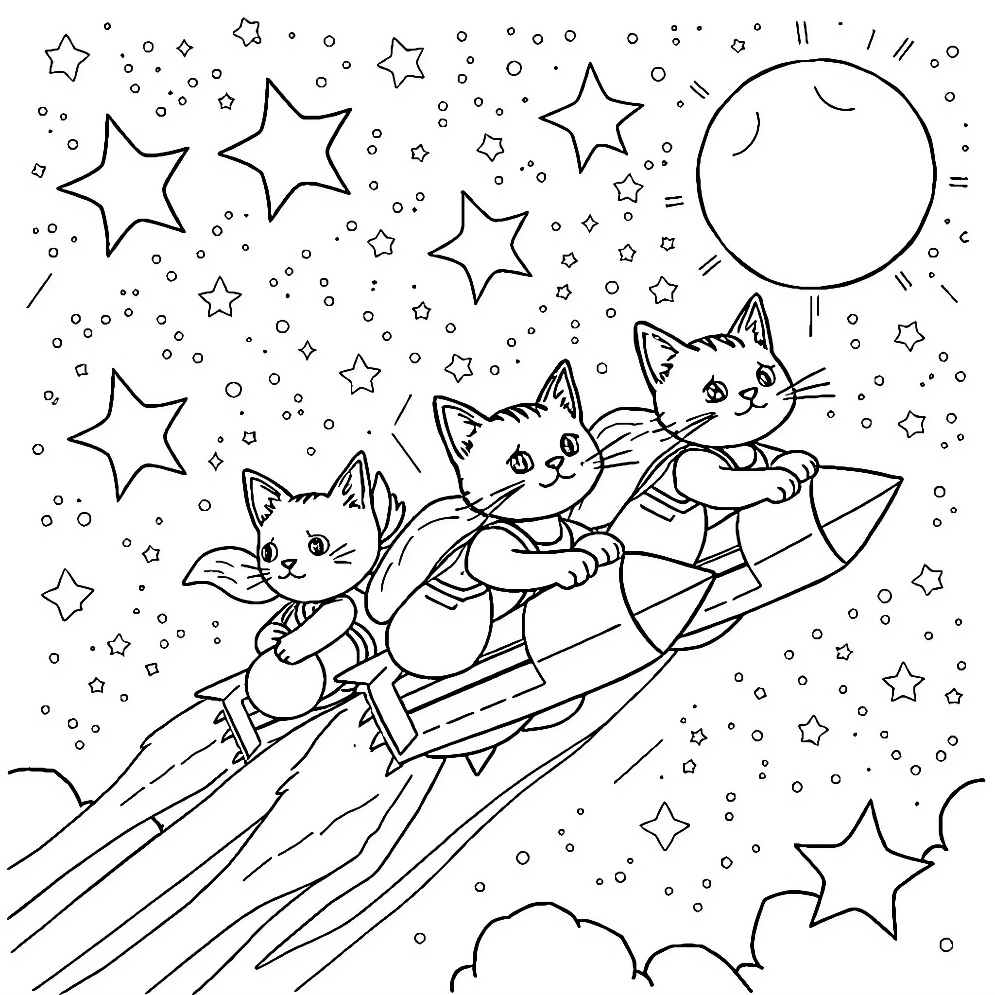 Cats riding shooting stars in the night sky Coloring Page (free black-and-white line drawing printable PDF for all, from beginners to advanced learners, including children, teens, adults, and seniors)