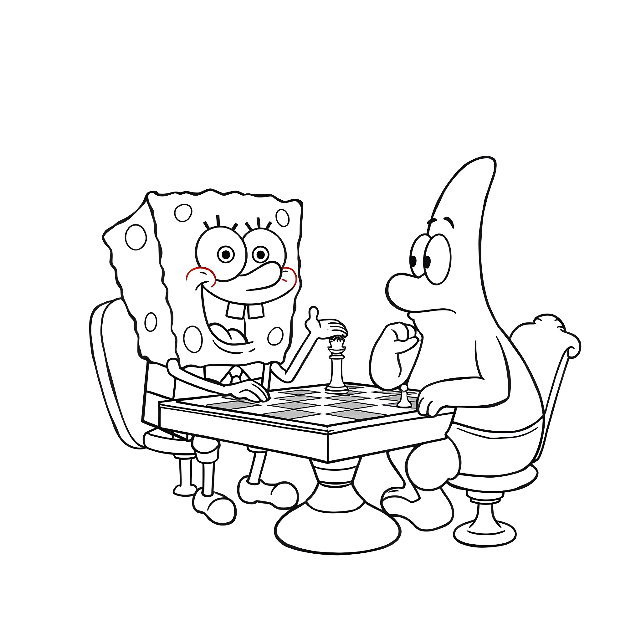 Spongebob and Patrick playing chess Coloring Page (free black-and-white line drawing printable PDF for all, from beginners to advanced learners, including children, teens, adults, and seniors)