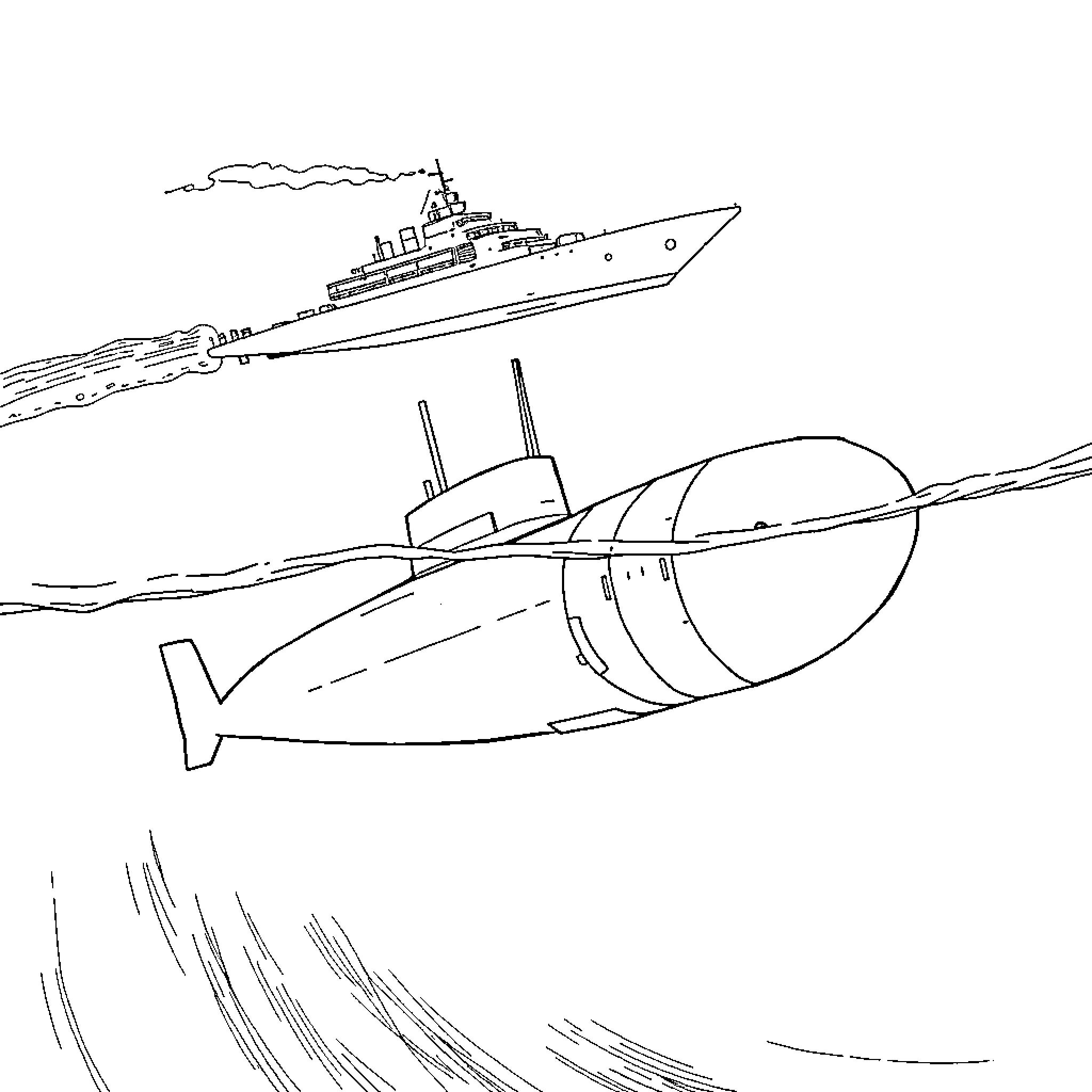 Submarine chasing surface ship in stormy waters Coloring Page (free black-and-white line drawing printable PDF for all, from beginners to advanced learners, including children, teens, adults, and seniors)