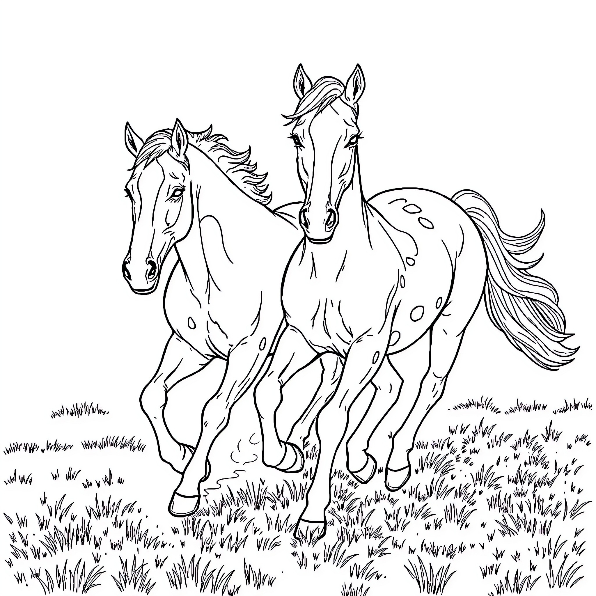 Horse Pair Running Freely Through Grassy Field Coloring Page (free black-and-white line drawing printable PDF for all, from beginners to advanced learners, including children, teens, adults, and seniors)
