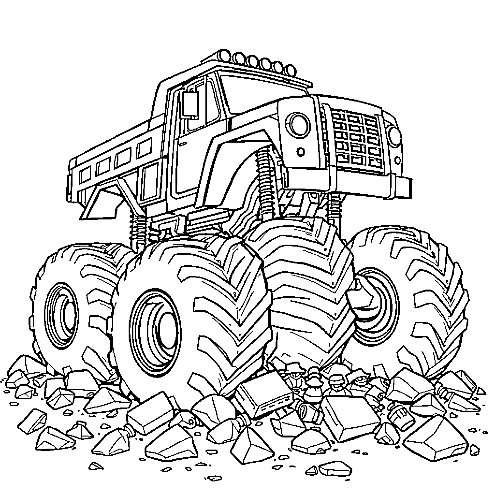 Monster Truck Crushing Rocks and Rubble Coloring Page (free black-and-white line drawing printable PDF for all, from beginners to advanced learners, including children, teens, adults, and seniors)