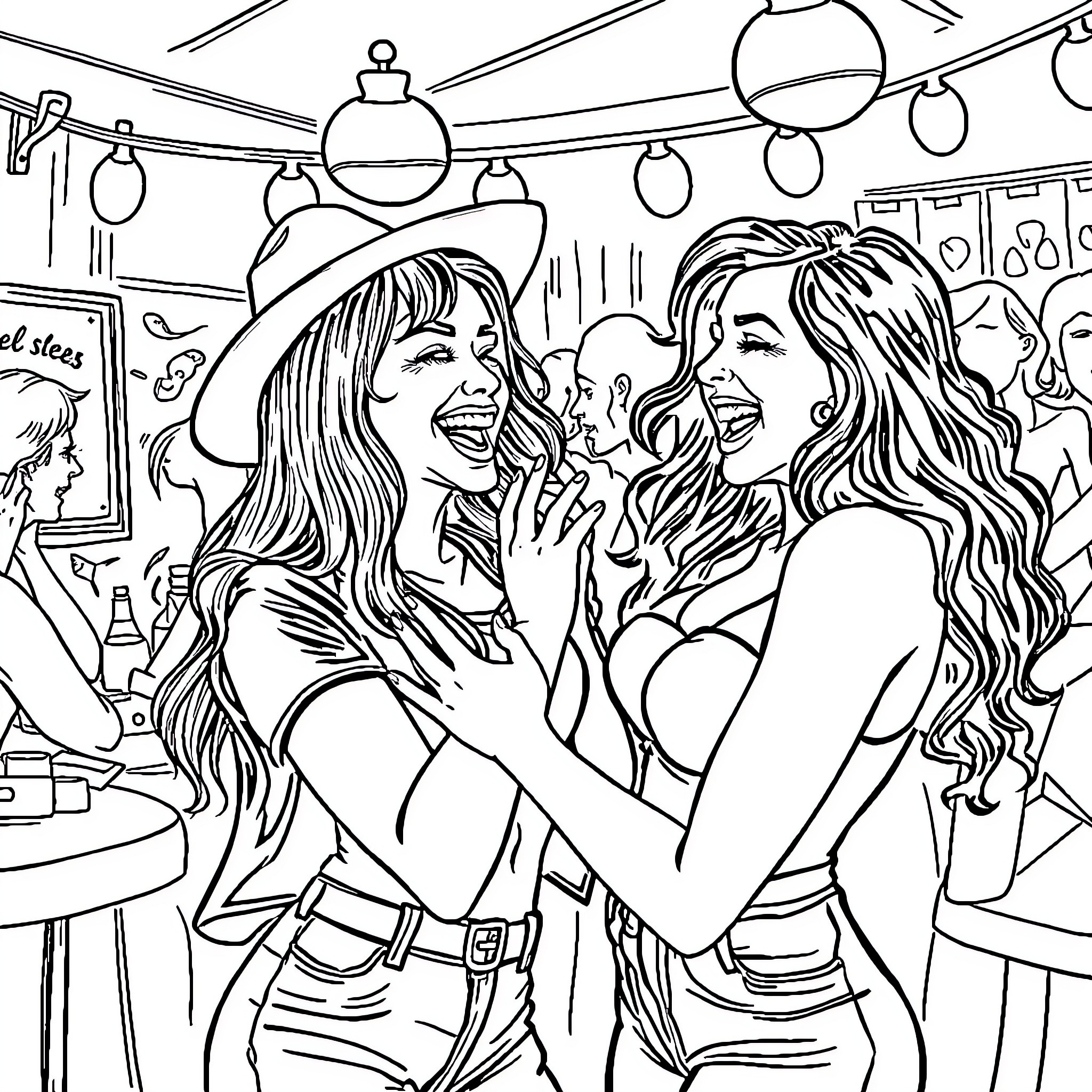 Women Laughing and Enjoying Themselves in a Festive Setting Coloring Page (free black-and-white line drawing printable PDF for all, from beginners to advanced learners, including children, teens, adults, and seniors)