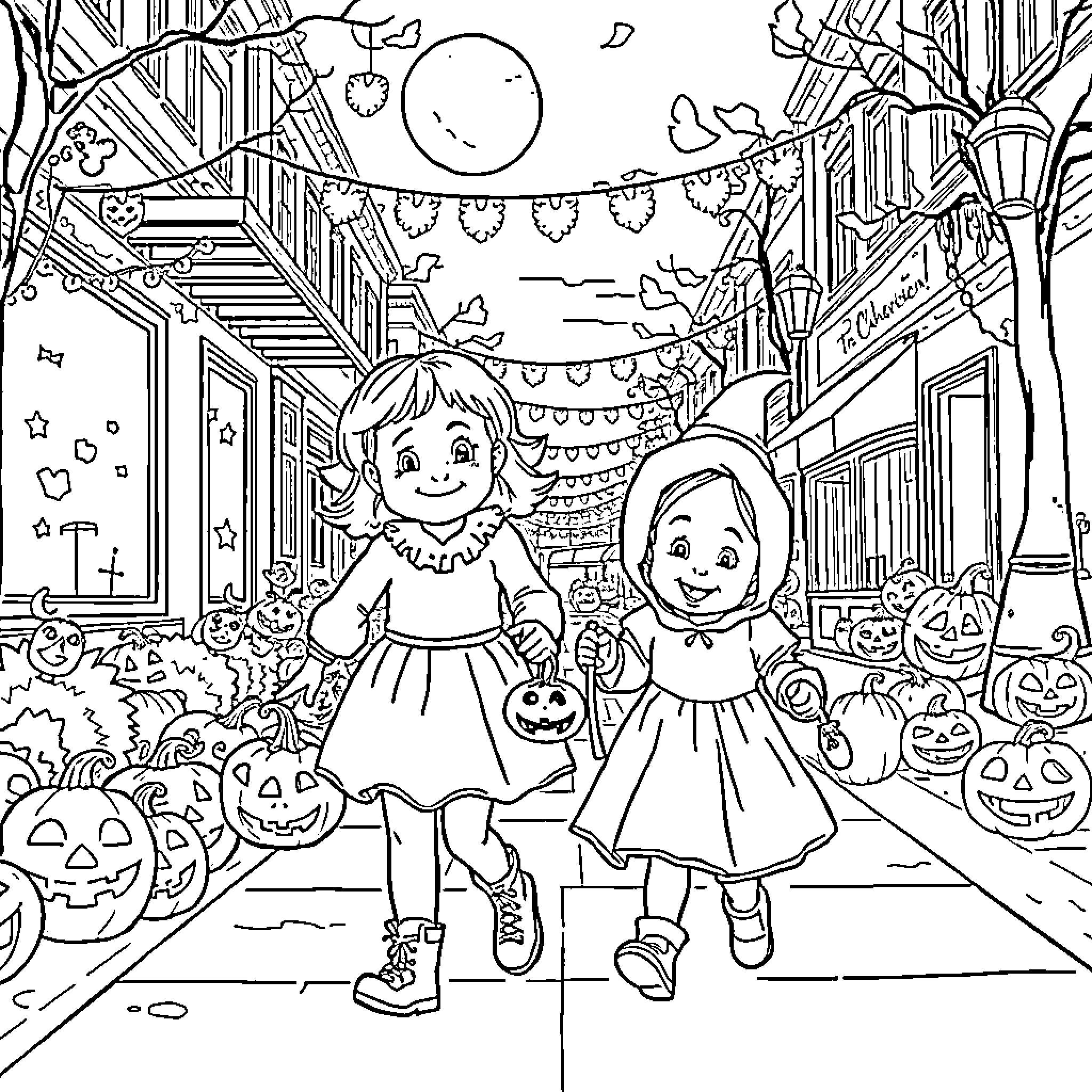 Girls enjoying Halloween festivities in town Coloring Page (free black-and-white line drawing printable PDF for all, from beginners to advanced learners, including children, teens, adults, and seniors)