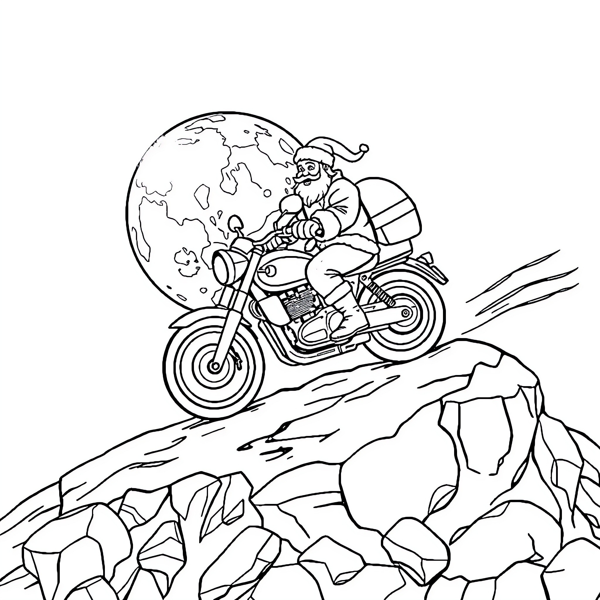 Santa riding motorcycle around the globe Coloring Page (free black-and-white line drawing printable PDF for all, from beginners to advanced learners, including children, teens, adults, and seniors)