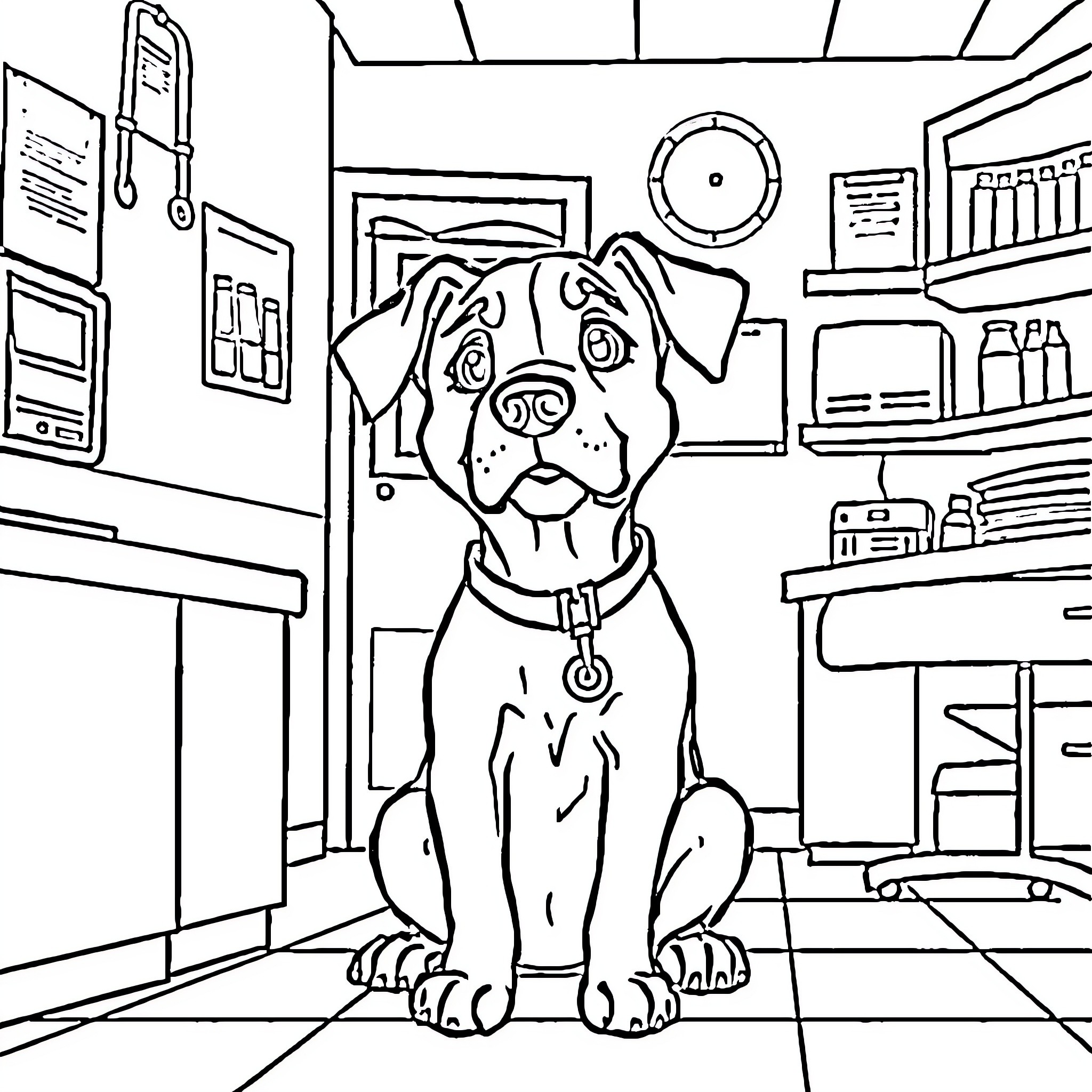 Dog sitting in veterinary clinic waiting room Coloring Page (free black-and-white line drawing printable PDF for all, from beginners to advanced learners, including children, teens, adults, and seniors)