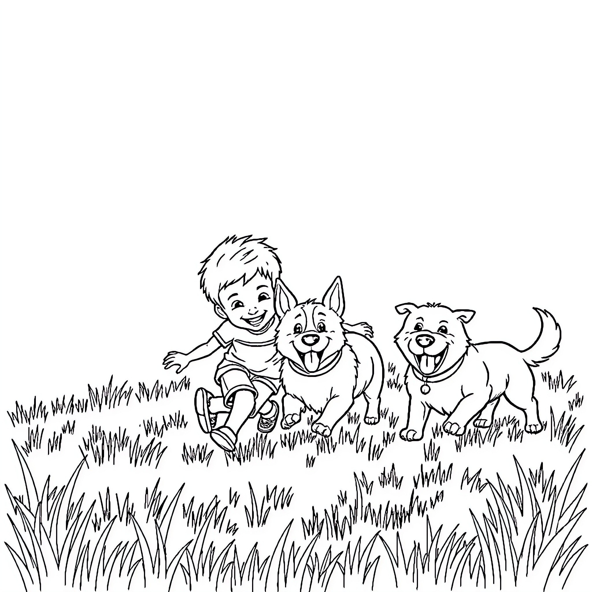 Boy playing joyfully with dogs in grassy field Coloring Page (free black-and-white line drawing printable PDF for all, from beginners to advanced learners, including children, teens, adults, and seniors)