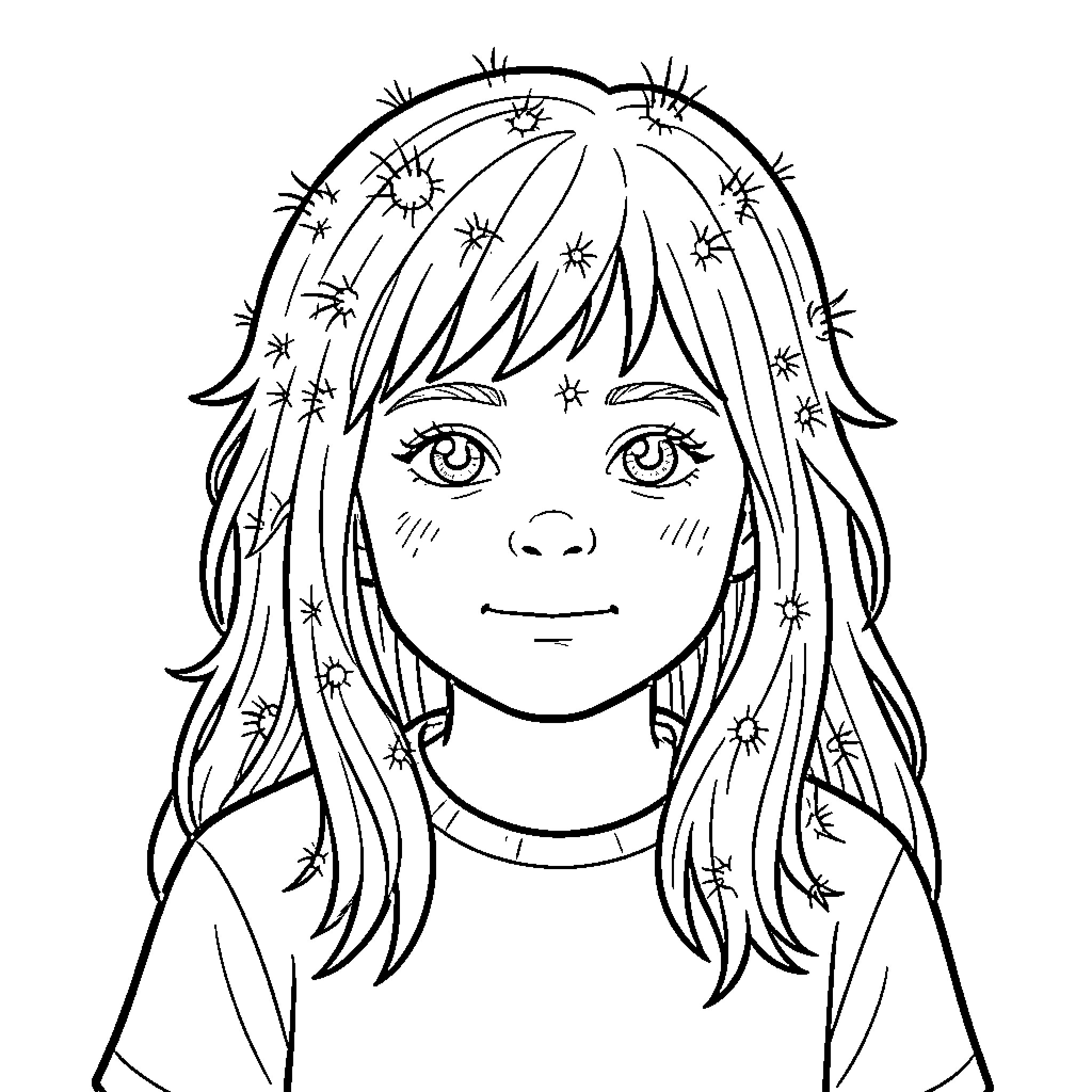 Child with stars scattered throughout long hair Coloring Page (free black-and-white line drawing printable PDF for all, from beginners to advanced learners, including children, teens, adults, and seniors)