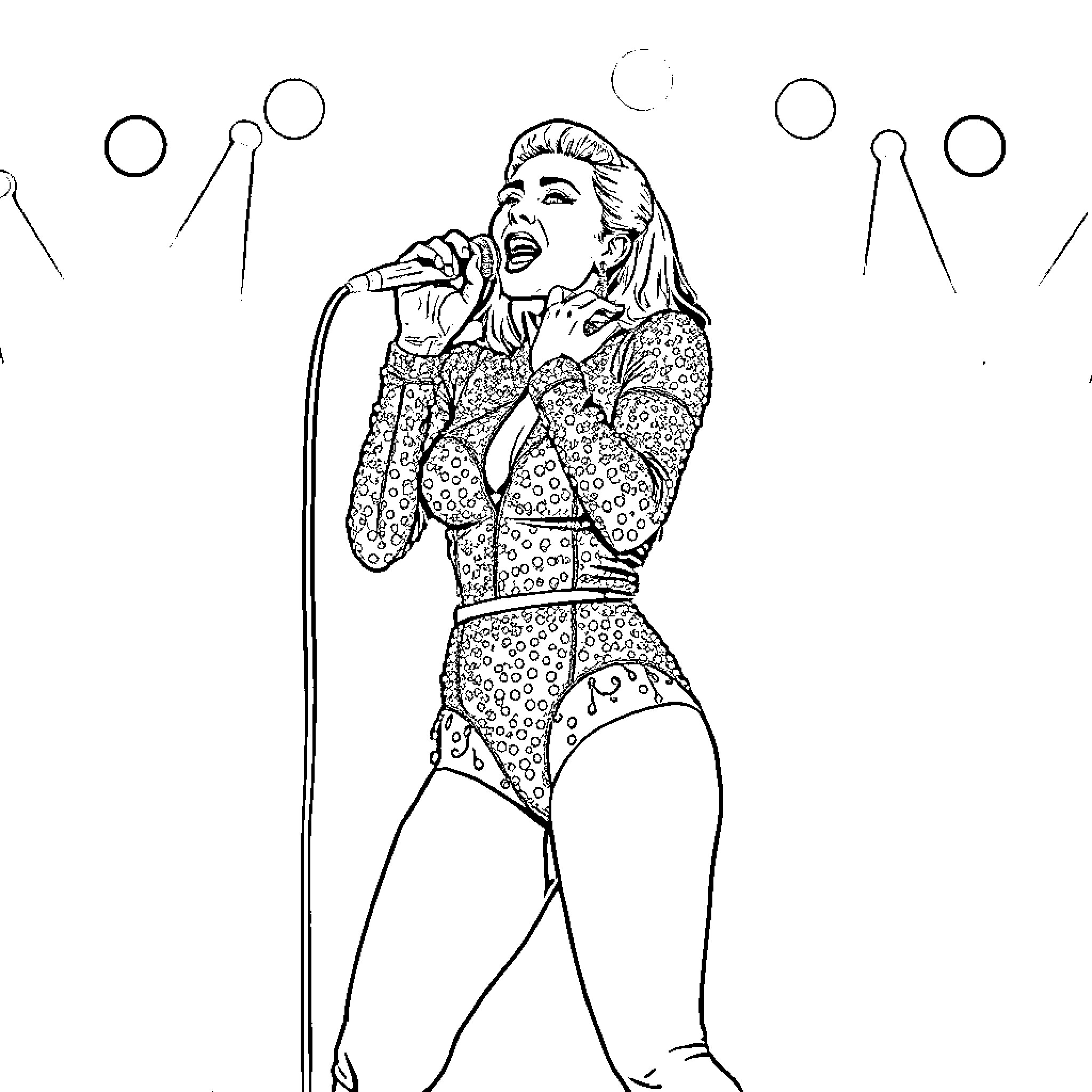 Lady Gaga Performing Energetically on Stage Coloring Page (free black-and-white line drawing printable PDF for all, from beginners to advanced learners, including children, teens, adults, and seniors)