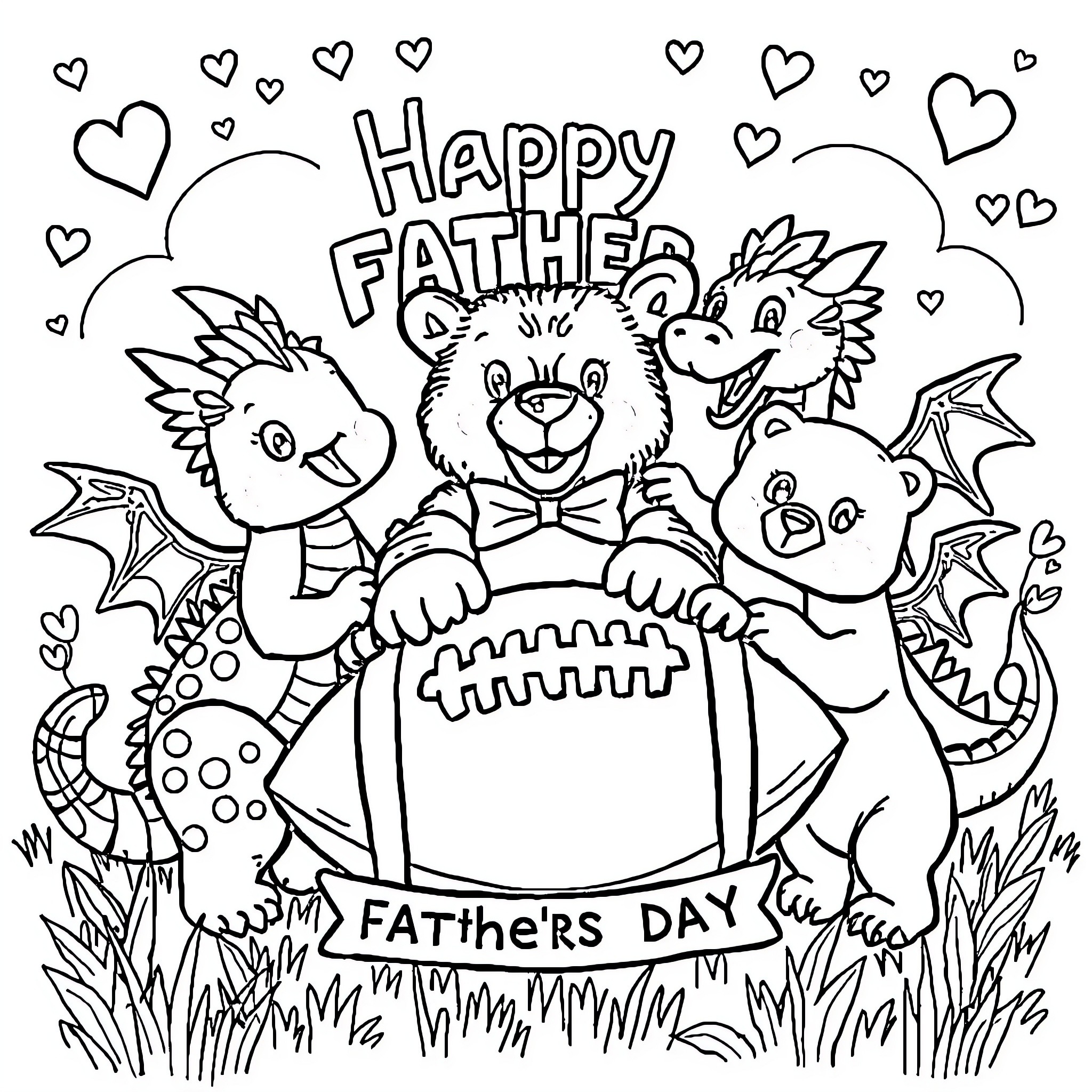 Father's Day with cartoon animals and hearts Coloring Page (free black-and-white line drawing printable PDF for all, from beginners to advanced learners, including children, teens, adults, and seniors)
