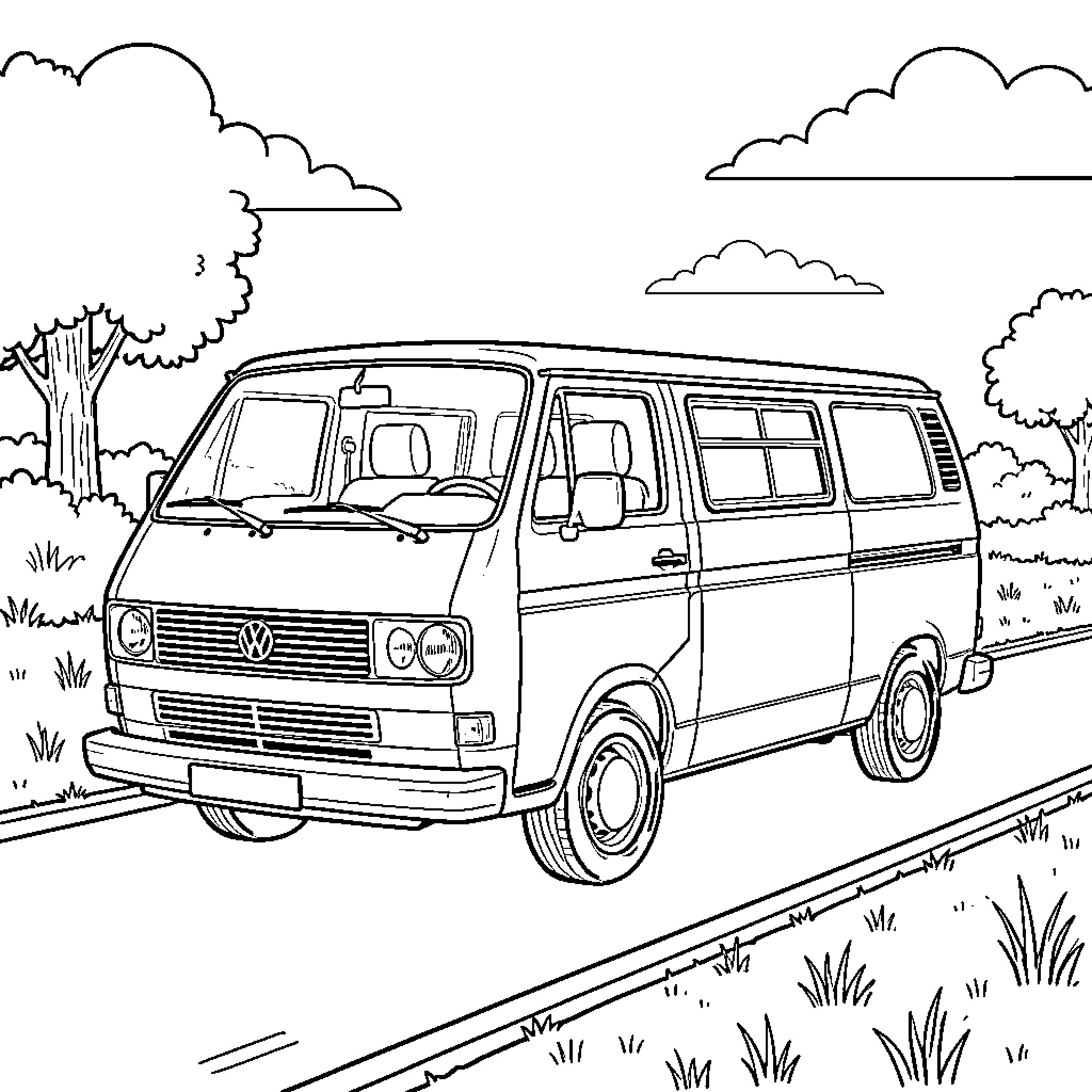 Volkswagen T3 driving along a scenic roadside path Coloring Page (free black-and-white line drawing printable PDF for all, from beginners to advanced learners, including children, teens, adults, and seniors)