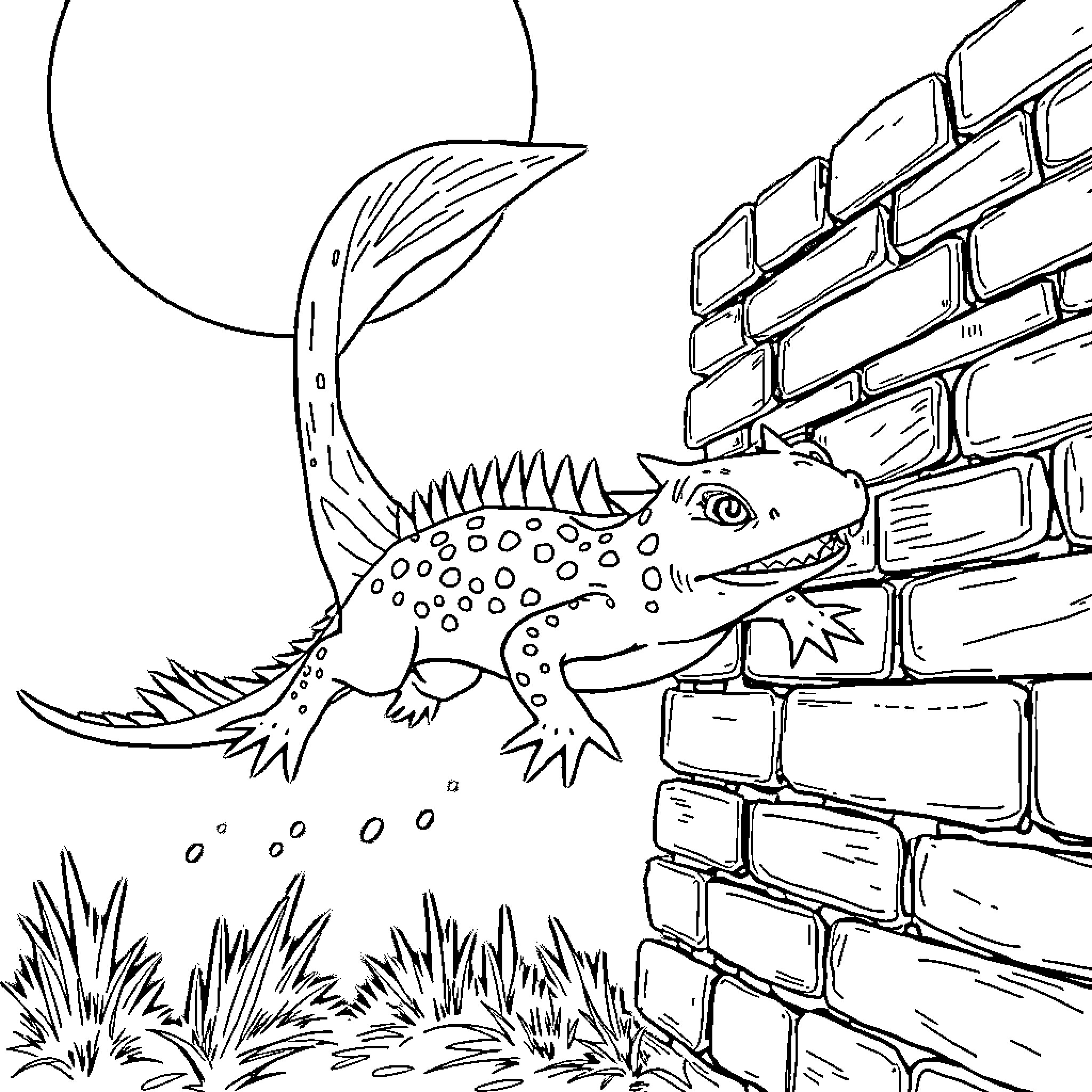 Axolotl exploring a brick wall and moonlit landscape Coloring Page (free black-and-white line drawing printable PDF for all, from beginners to advanced learners, including children, teens, adults, and seniors)