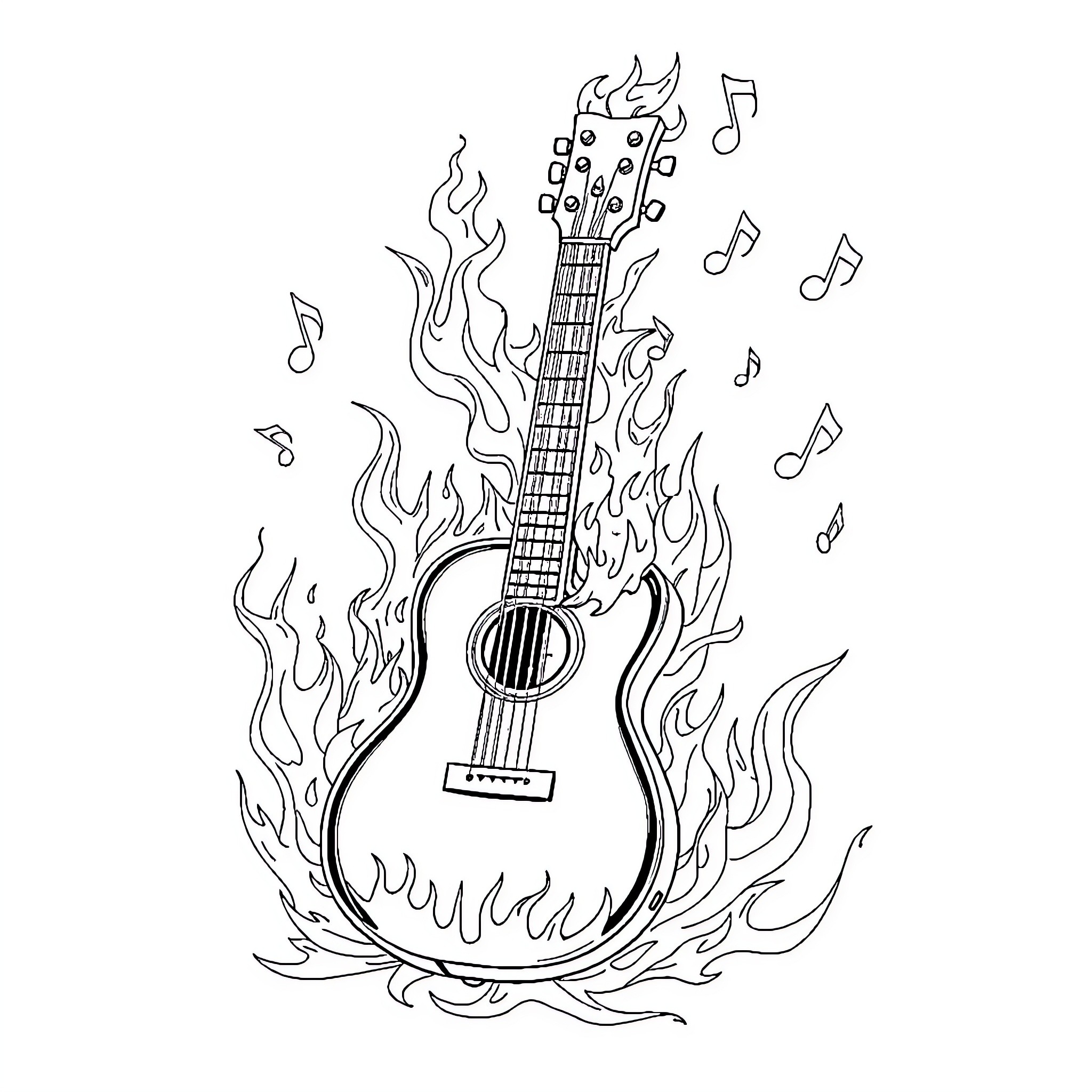 Guitar on fire with musical notes Coloring Page (free black-and-white line drawing printable PDF for all, from beginners to advanced learners, including children, teens, adults, and seniors)