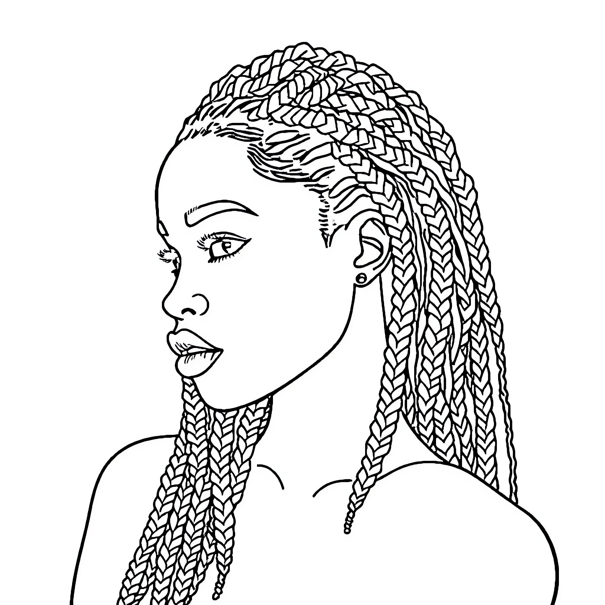 Woman with Intricate Braided Hair Style Coloring Page (free black-and-white line drawing printable PDF for all, from beginners to advanced learners, including children, teens, adults, and seniors)